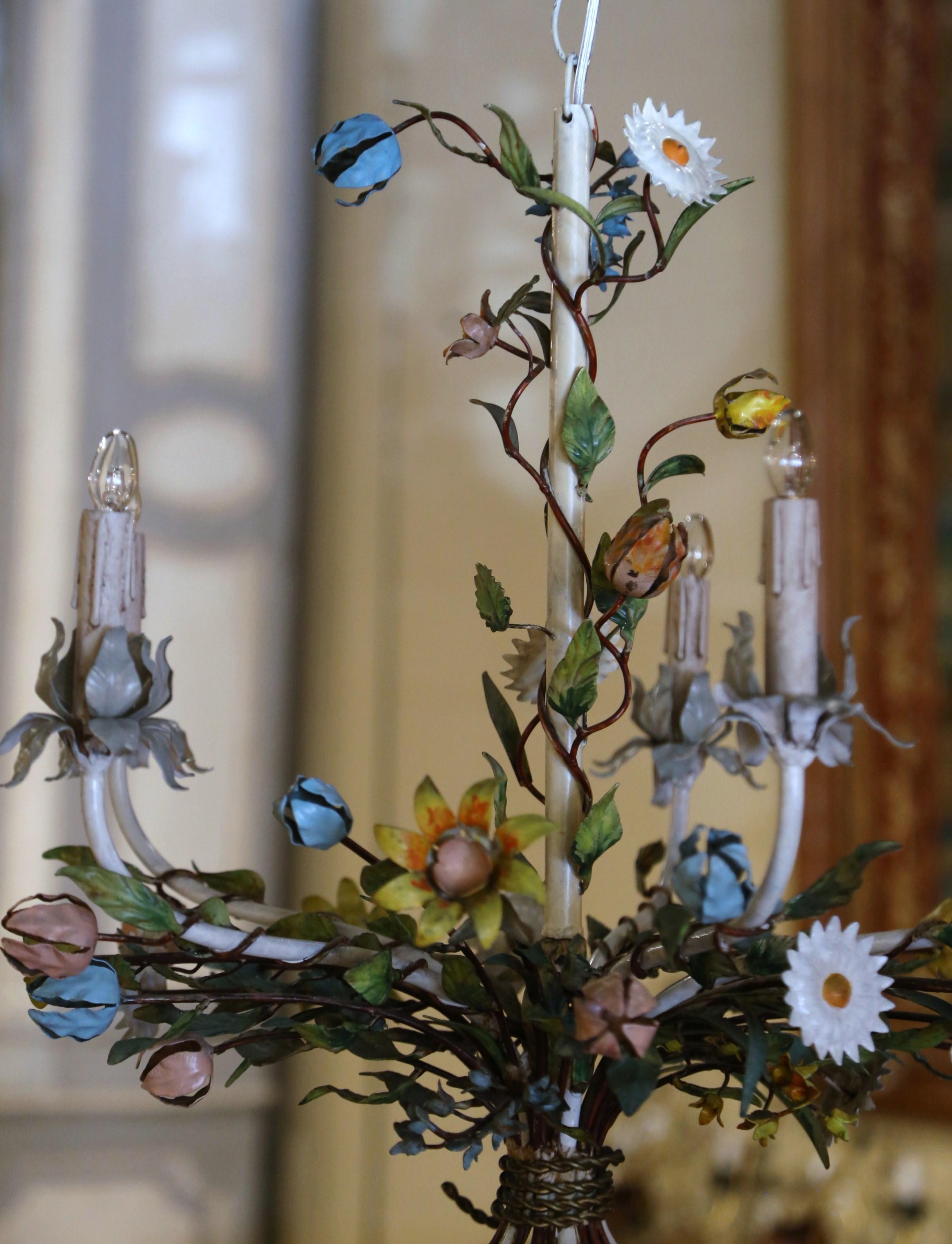 Early 20th Century French Metal and Painted Floral Five-Light Chandelier For Sale 2