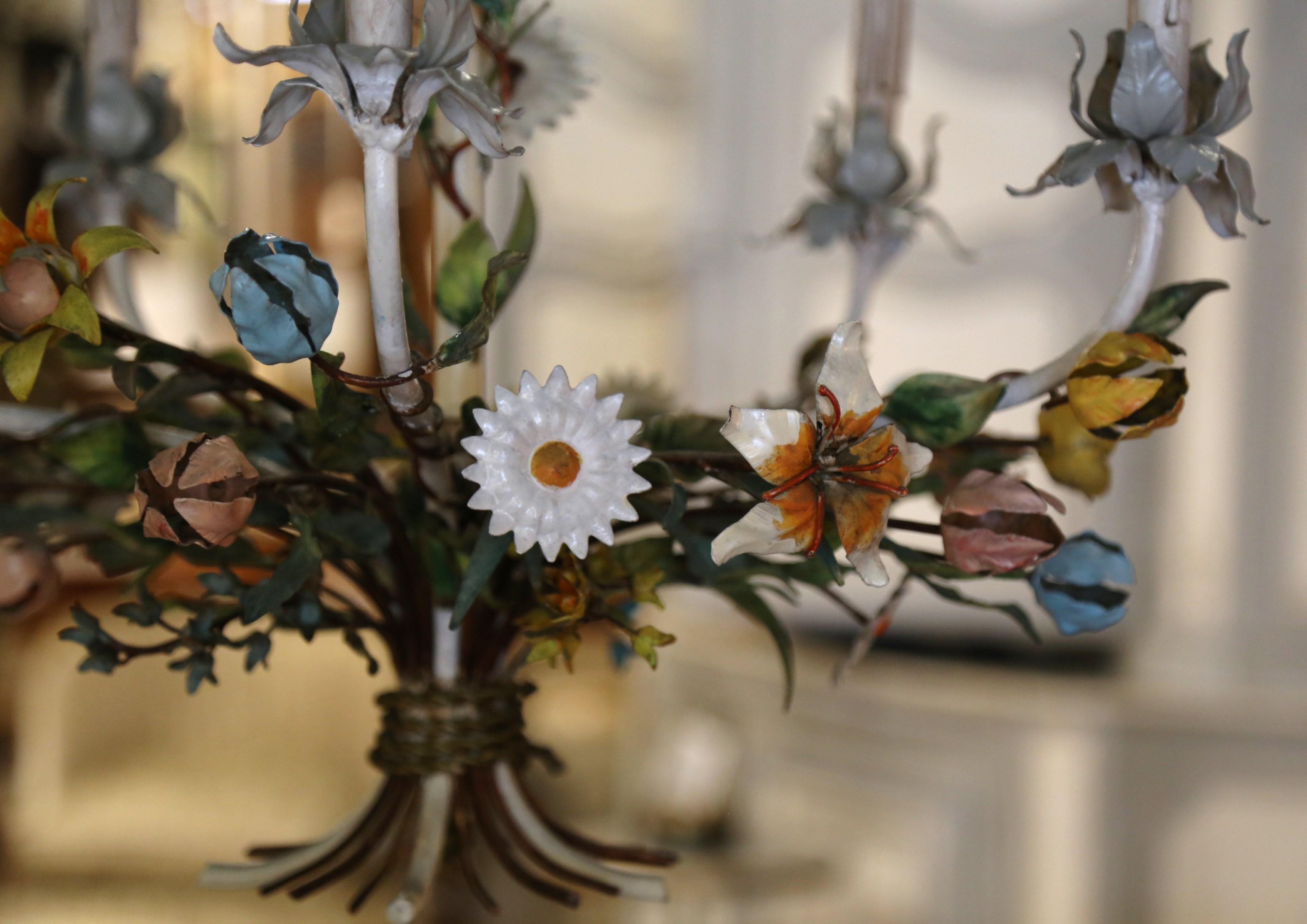 Early 20th Century French Metal and Painted Floral Five-Light Chandelier For Sale 5