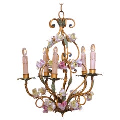 Early 20th Century French Metal and Porcelain Floral Five-Light Chandelier