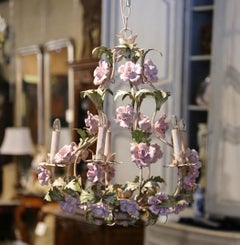 Lustre à cinq lumières en métal et porcelaine du début du 20e siècle