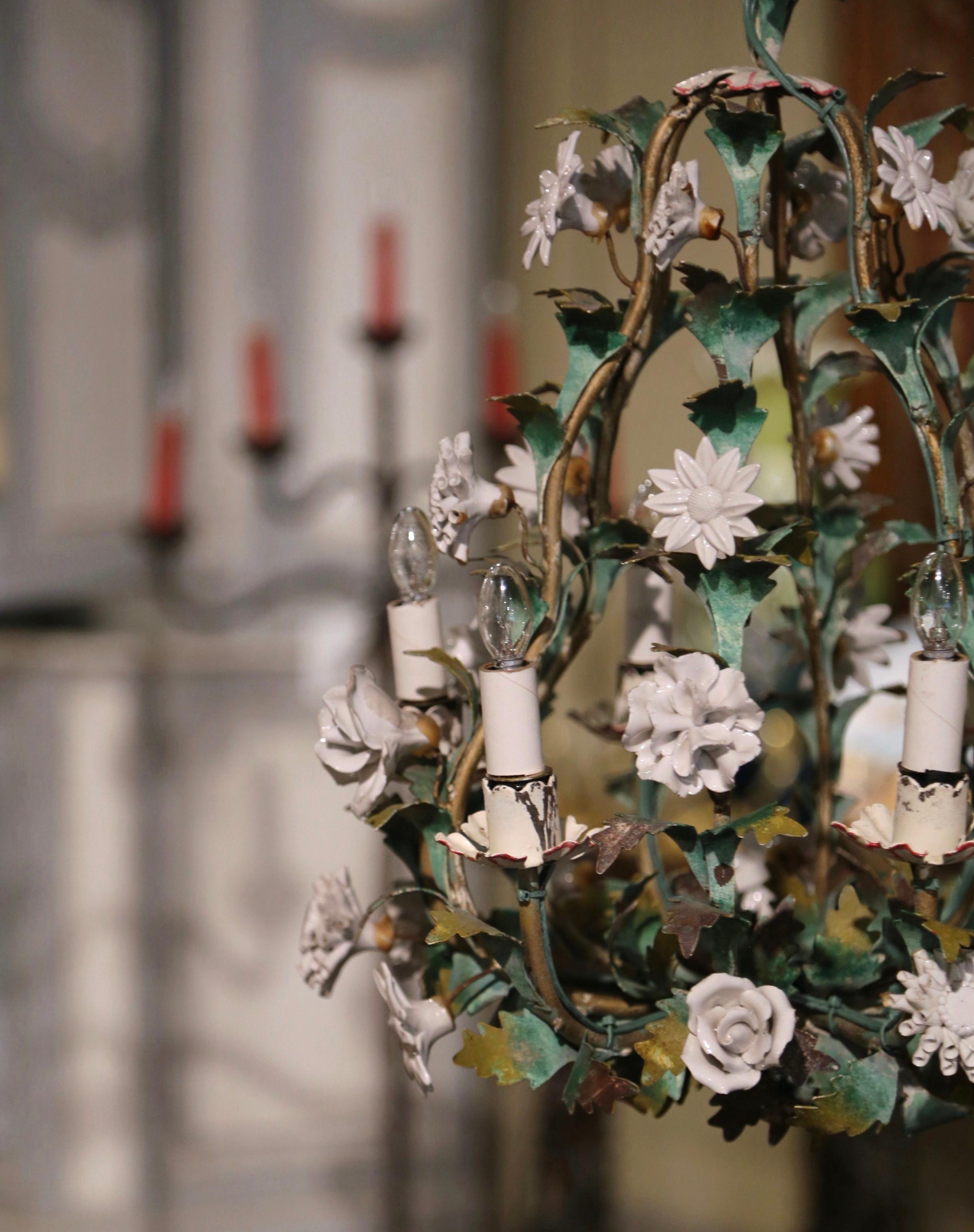 Hand-Crafted Early 20th Century French Metal and Porcelain Flowers Six-Light Chandelier