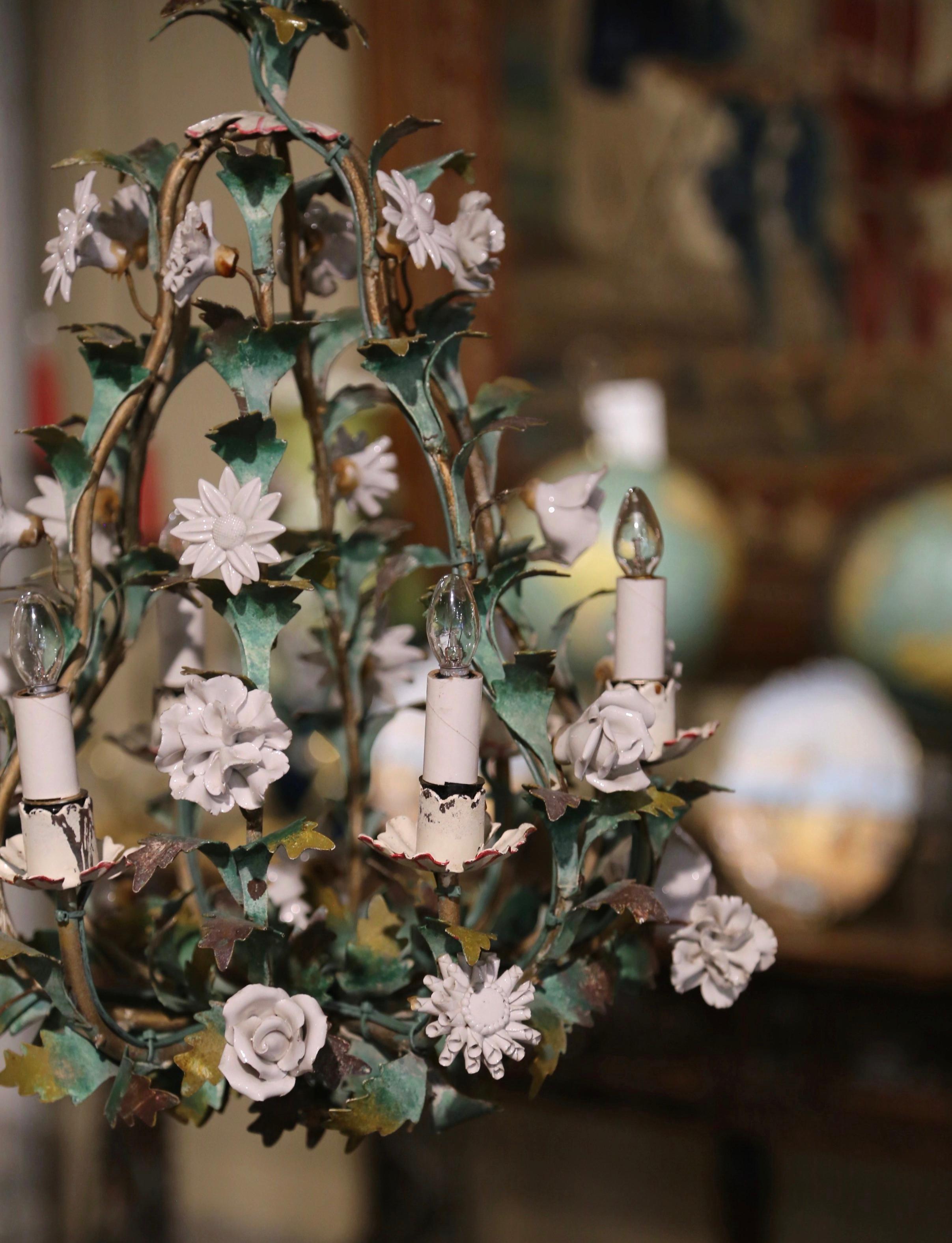 Early 20th Century French Metal and Porcelain Flowers Six-Light Chandelier In Excellent Condition In Dallas, TX