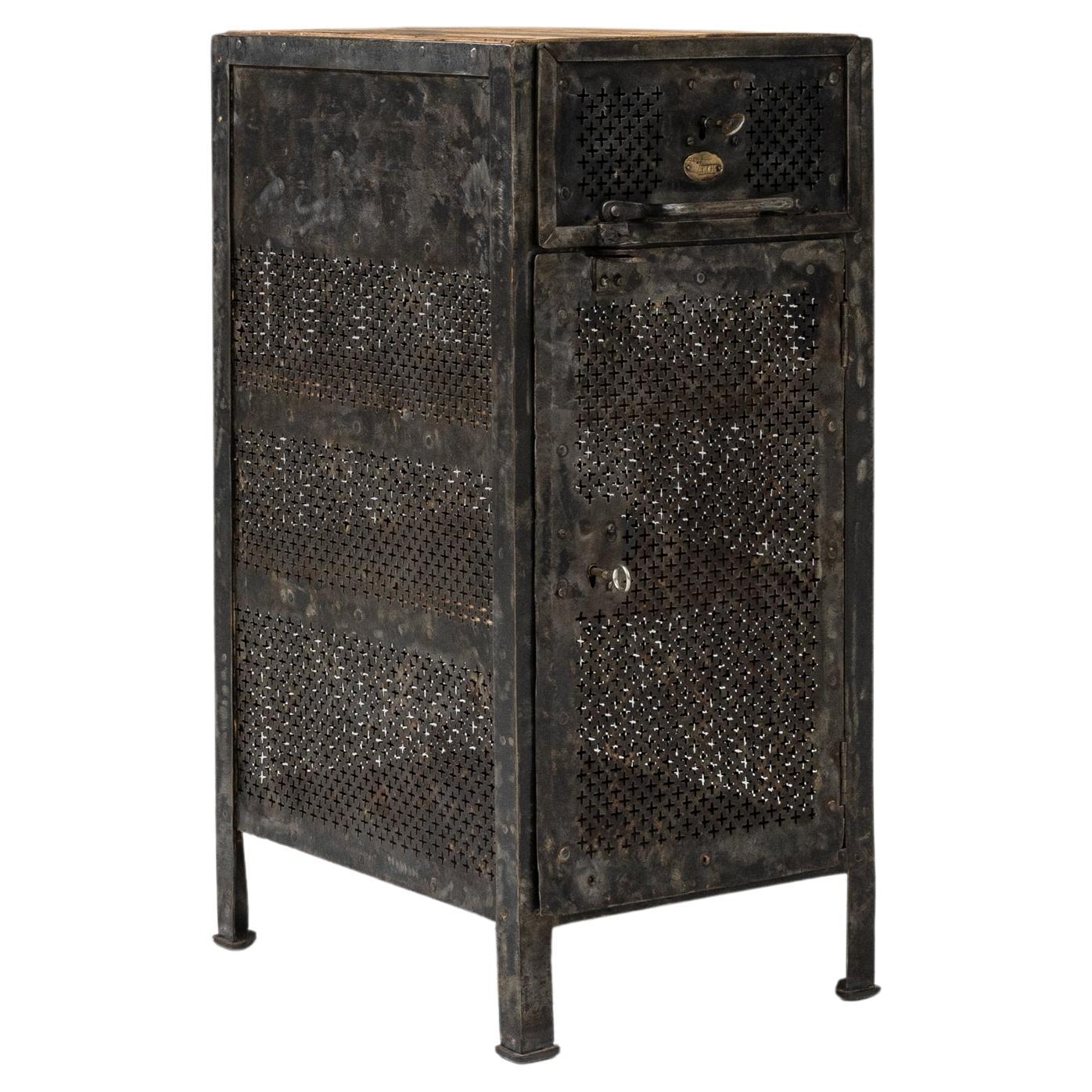 Early 20th Century French Metal Bedside Table With Wooden Top For Sale