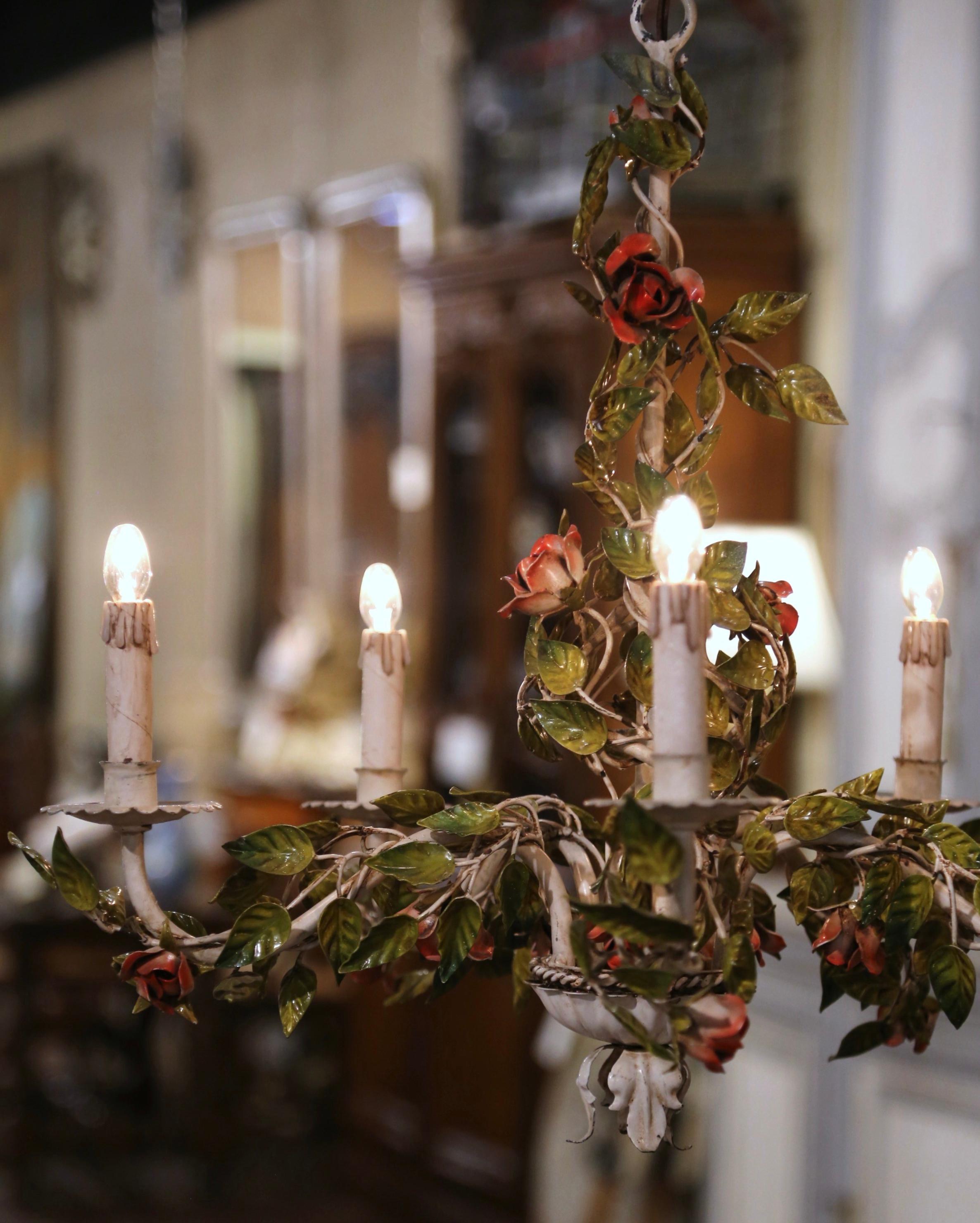 Hand-Crafted Early 20th Century French Metal Painted Flowers & Leaves Five-Light Chandelier For Sale