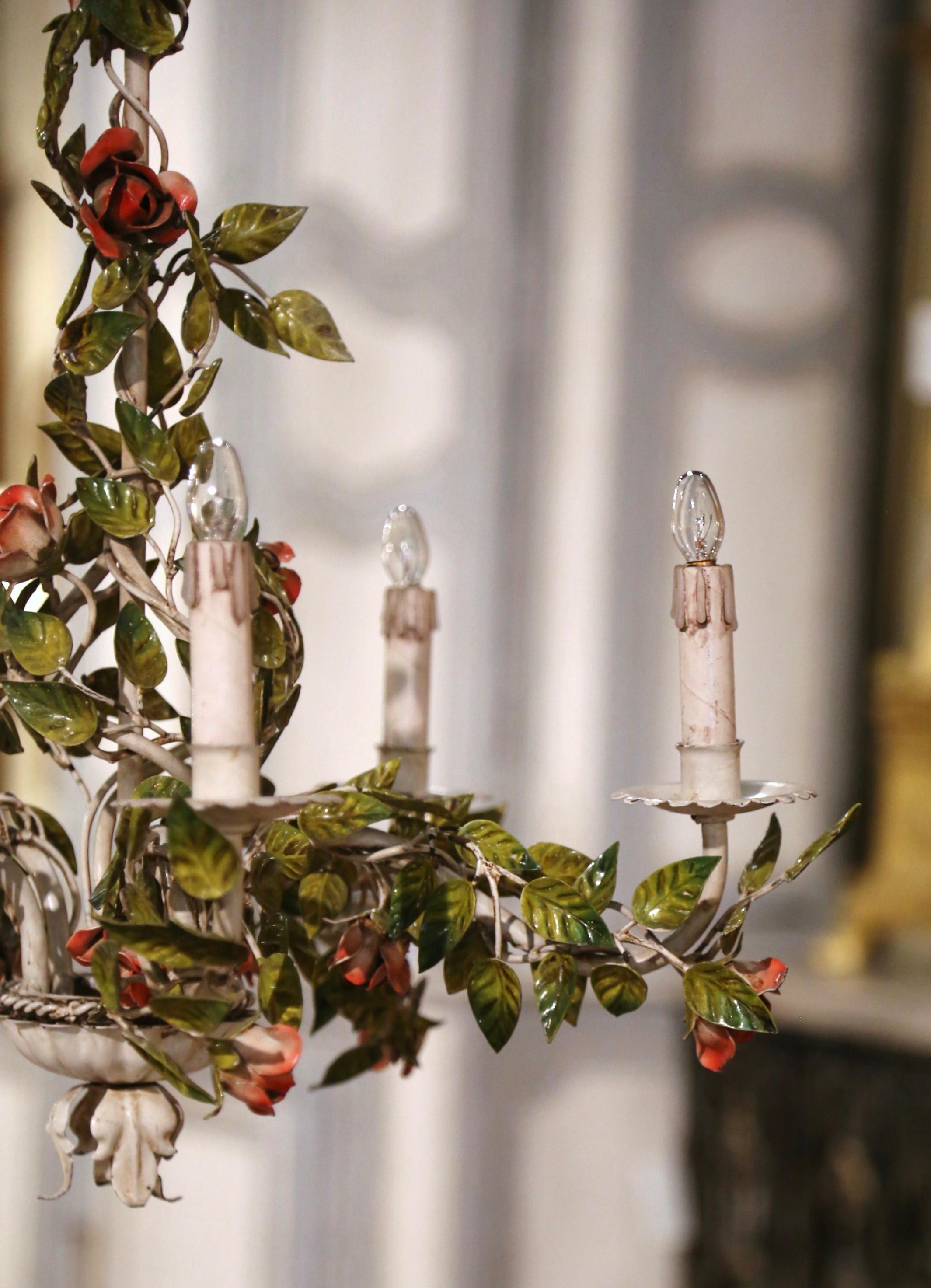 Early 20th Century French Metal Painted Flowers & Leaves Five-Light Chandelier For Sale 2