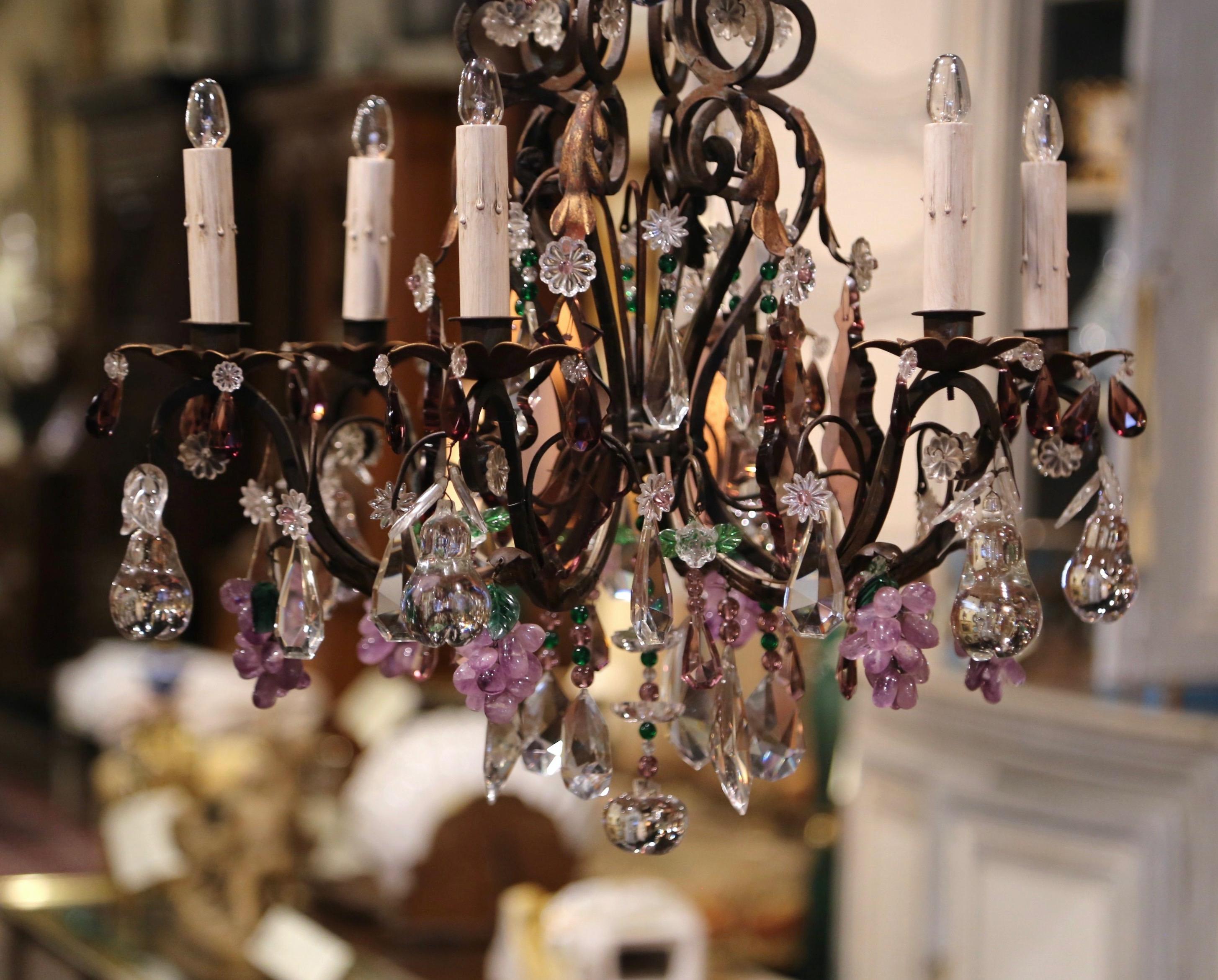 Hand-Crafted Early 20th Century French Metal, Rock Crystal and Amethyst Six-Light Chandelier