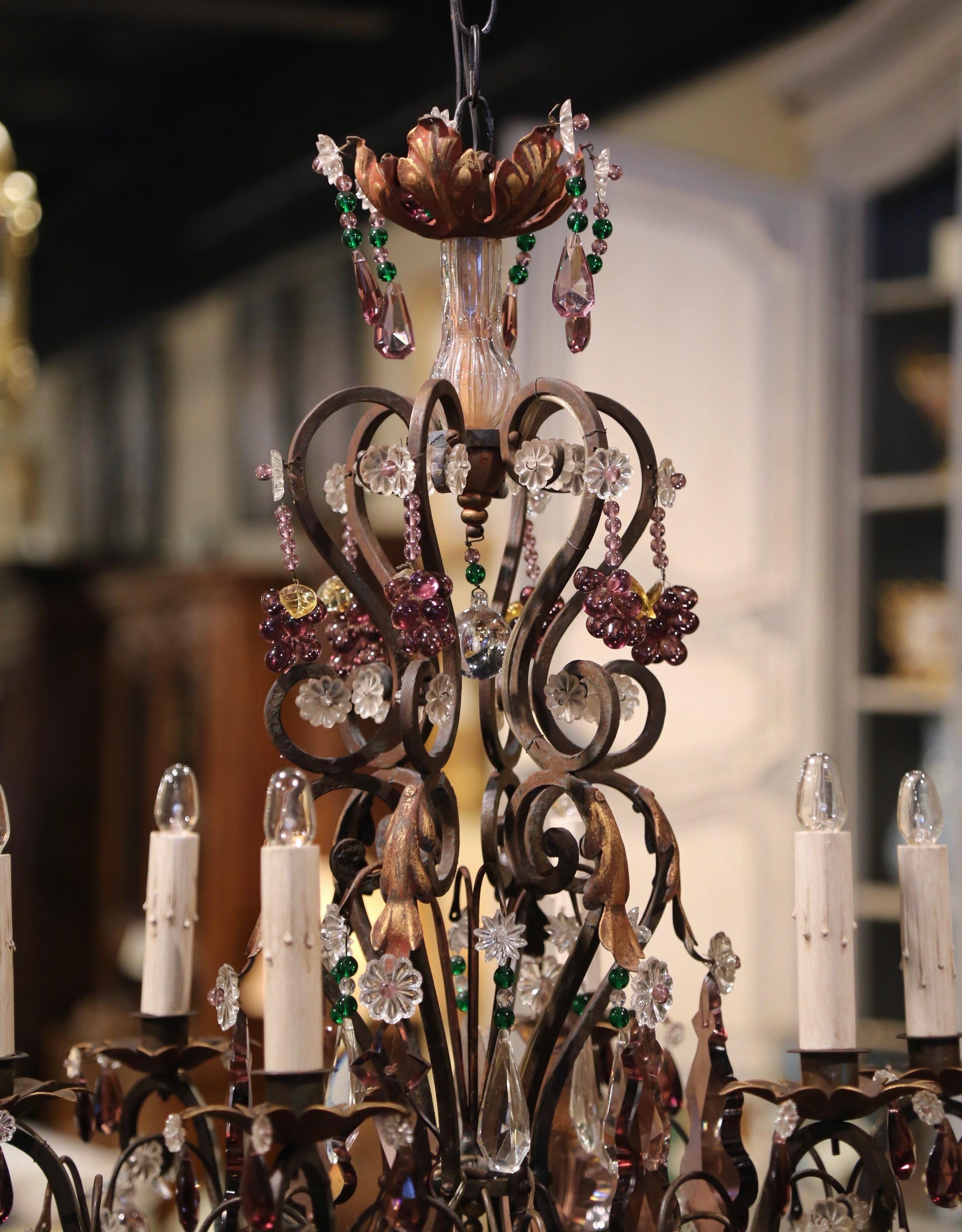 Early 20th Century French Metal, Rock Crystal and Amethyst Six-Light Chandelier In Excellent Condition In Dallas, TX