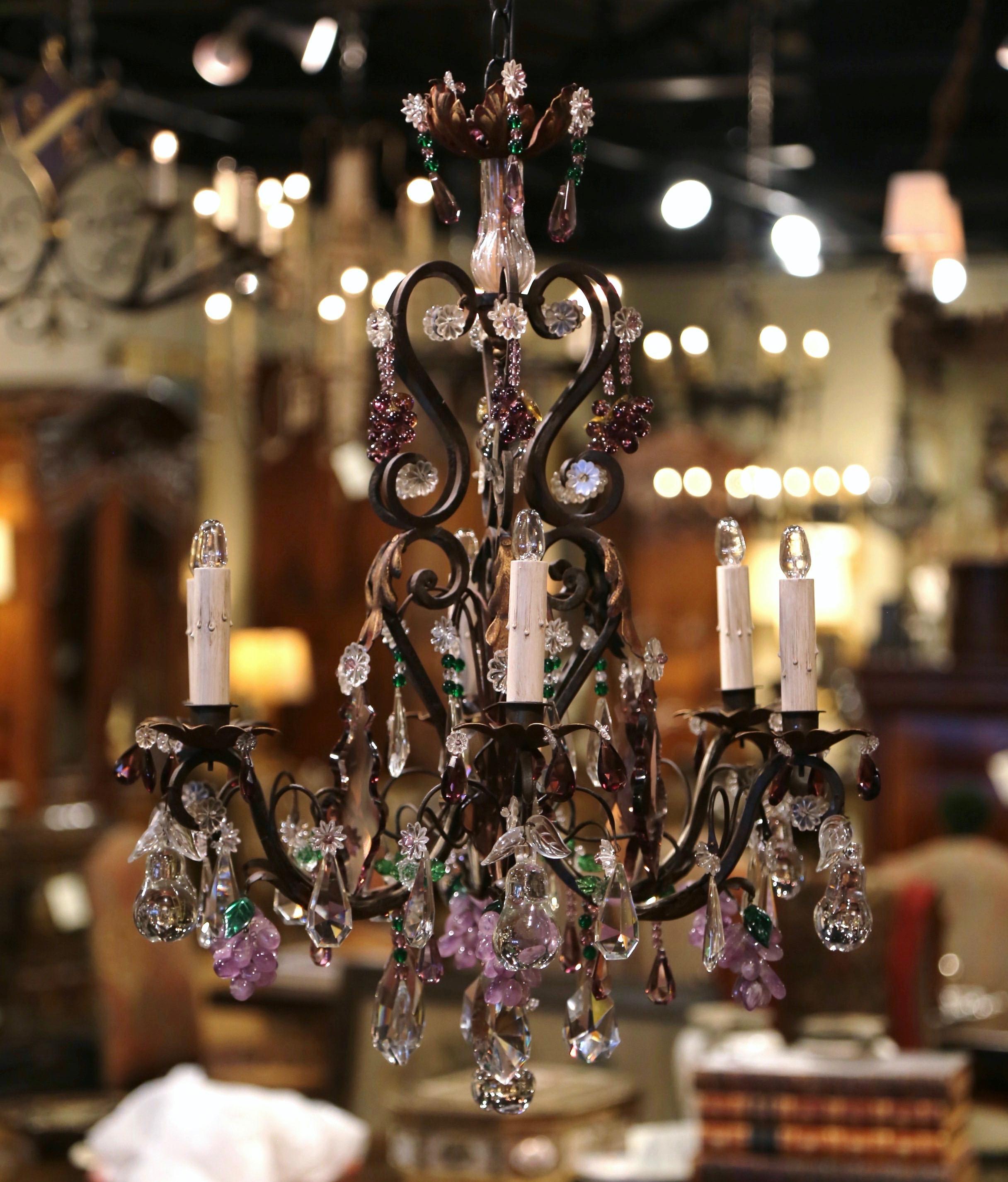 Early 20th Century French Metal, Rock Crystal and Amethyst Six-Light Chandelier 1