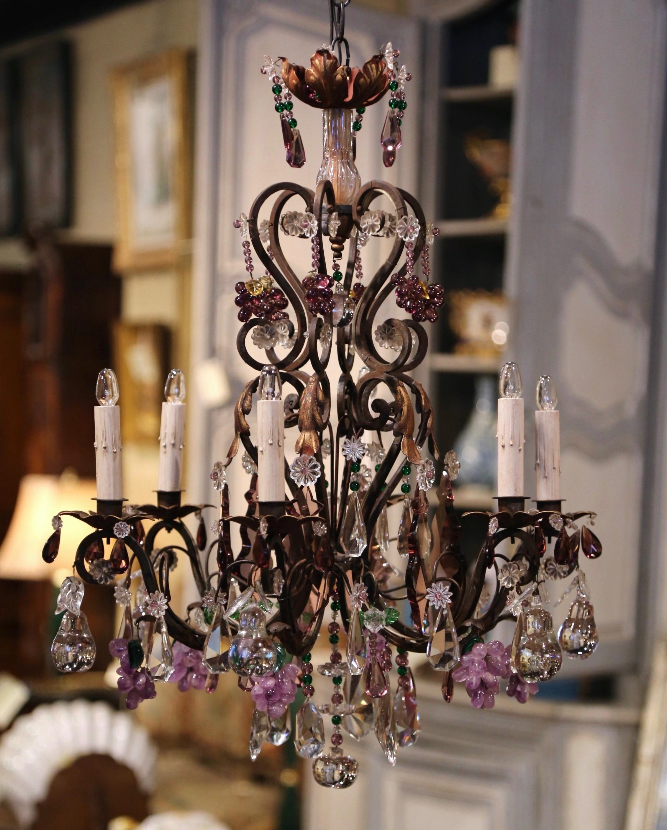 Early 20th Century French Metal, Rock Crystal and Amethyst Six-Light Chandelier 2