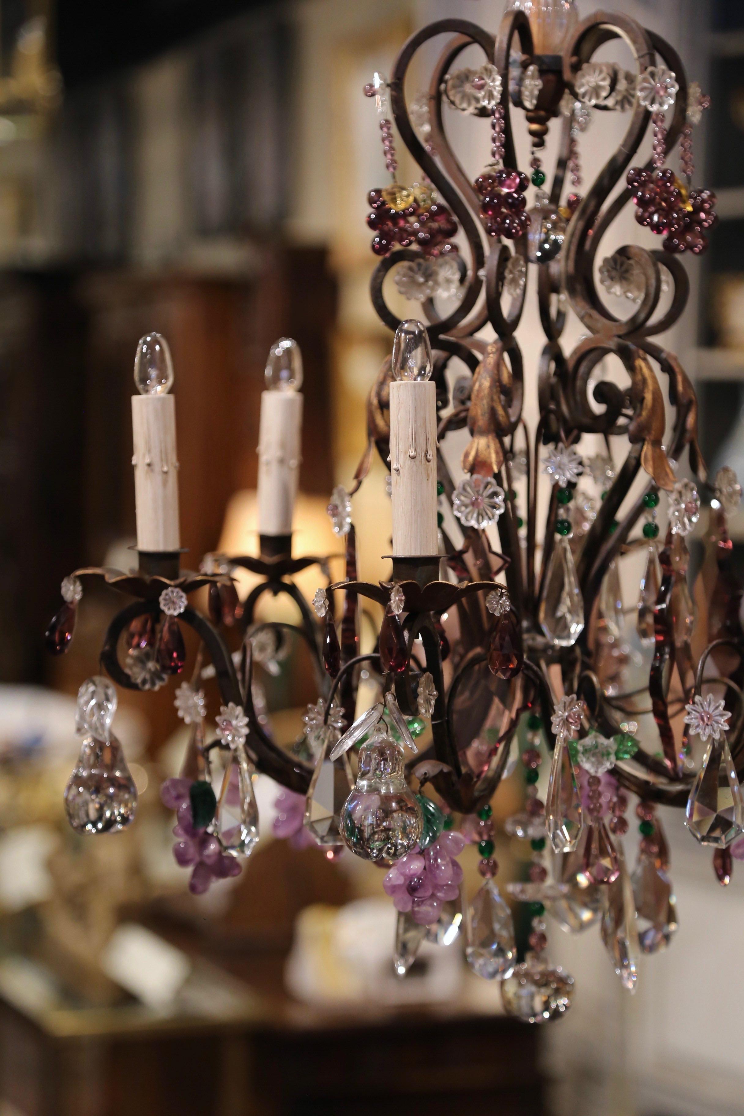 Early 20th Century French Metal, Rock Crystal and Amethyst Six-Light Chandelier 3