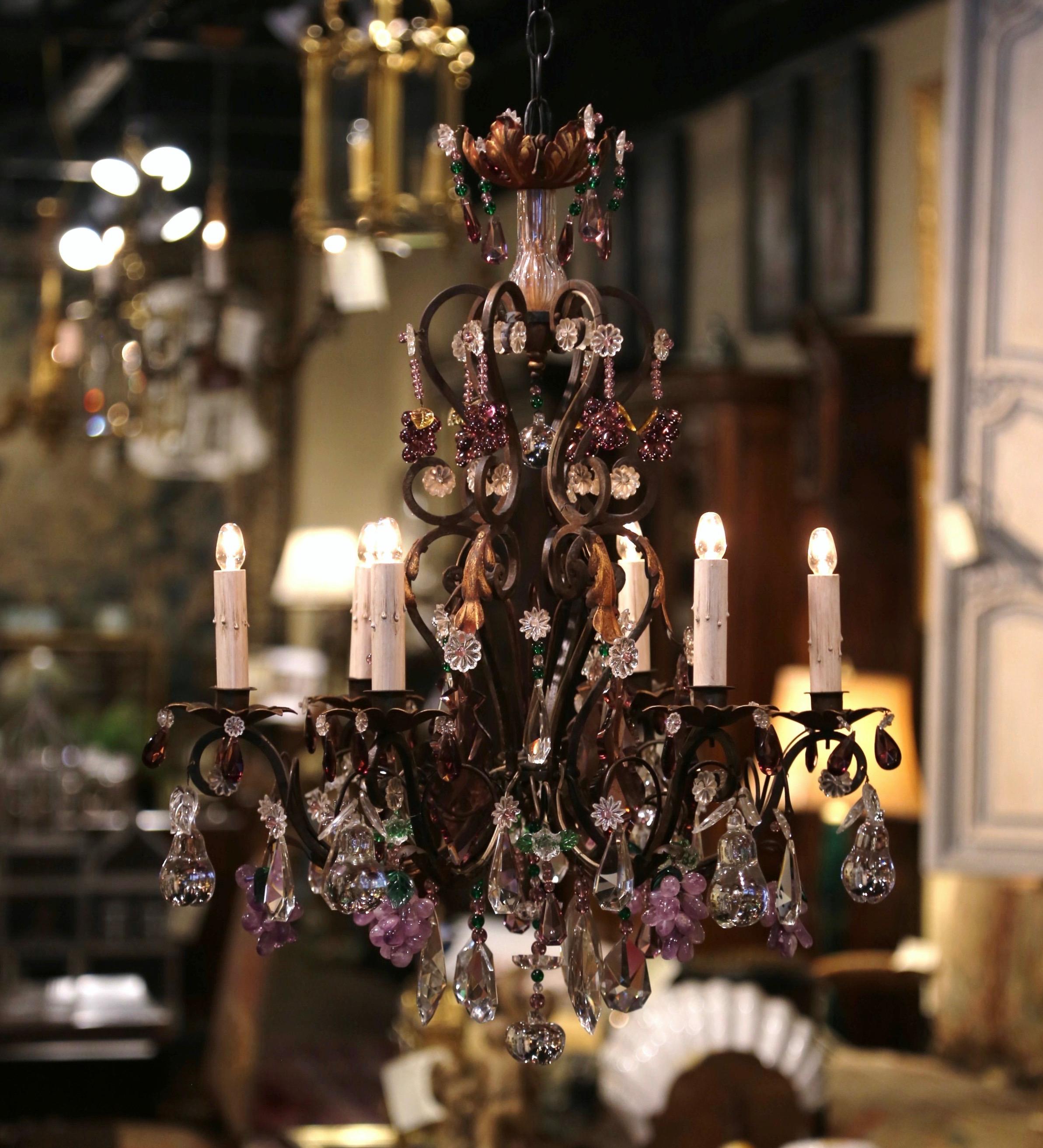 Early 20th Century French Metal, Rock Crystal and Amethyst Six-Light Chandelier 4