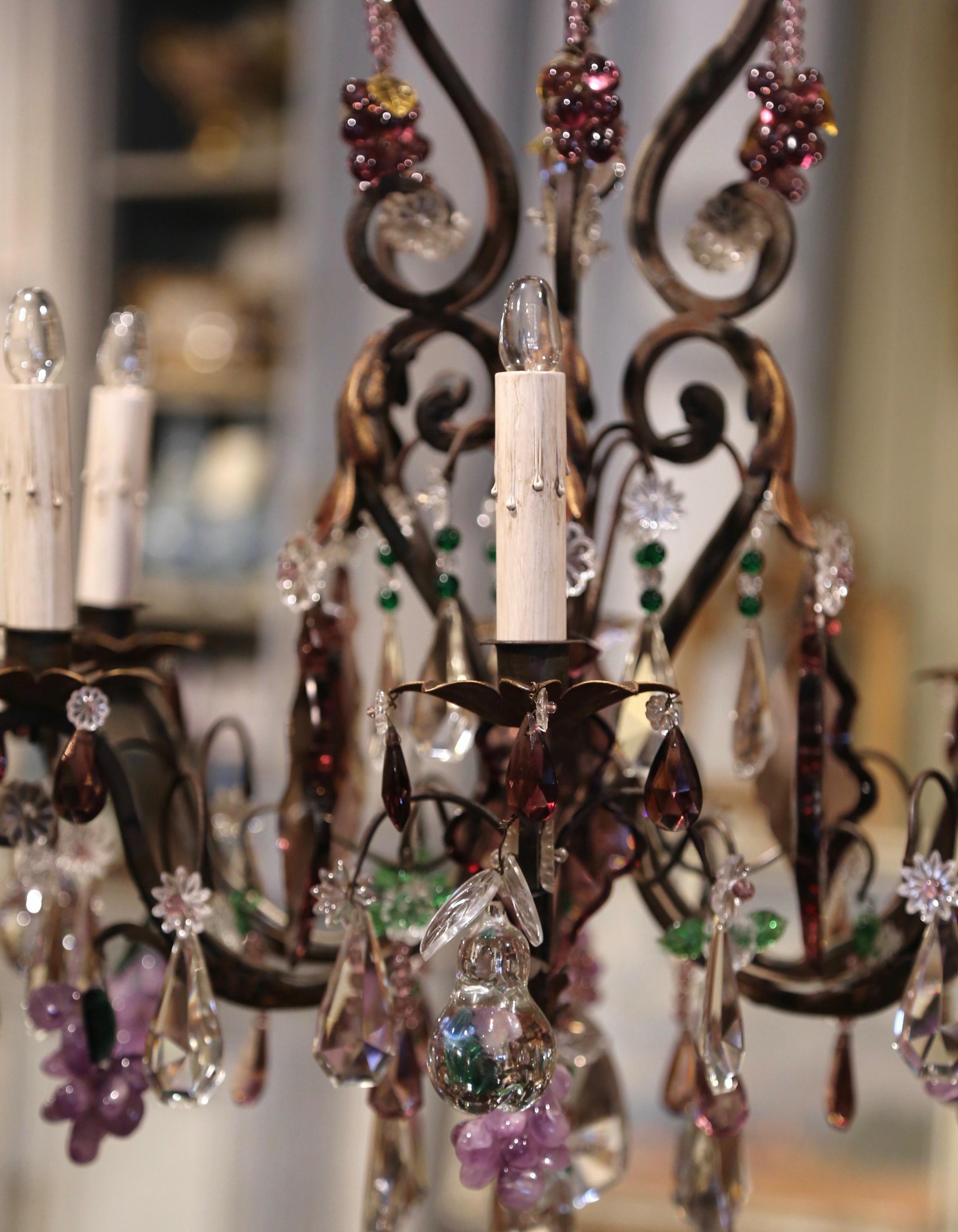 Early 20th Century French Metal, Rock Crystal and Amethyst Six-Light Chandelier 5