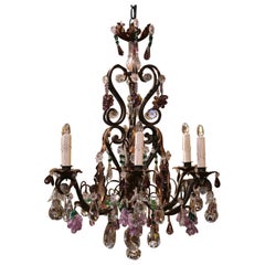 Early 20th Century French Metal, Rock Crystal and Amethyst Six-Light Chandelier