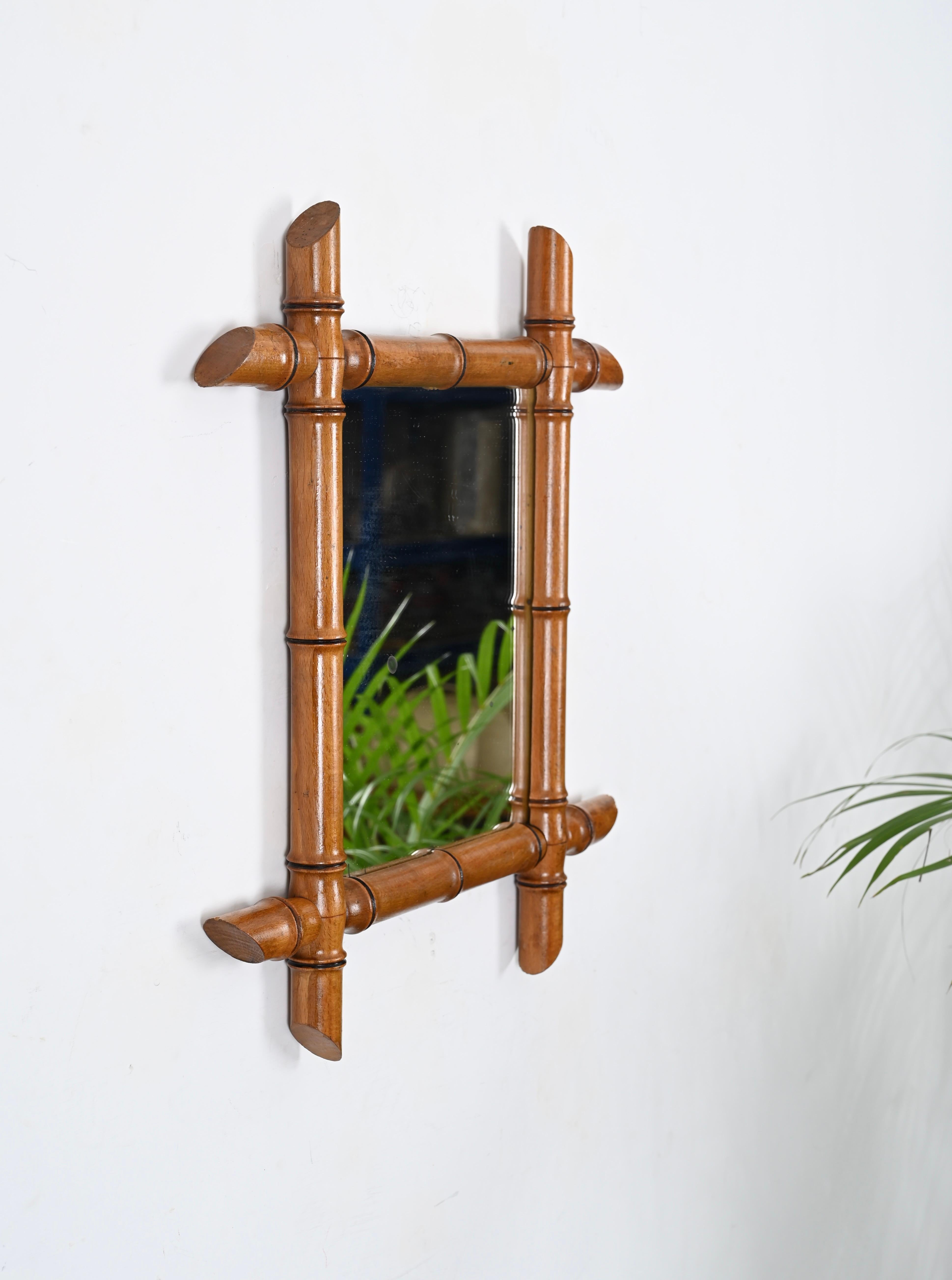 Art Nouveau Early 20th Century French Mirror with Beech Faux Bamboo Frame For Sale