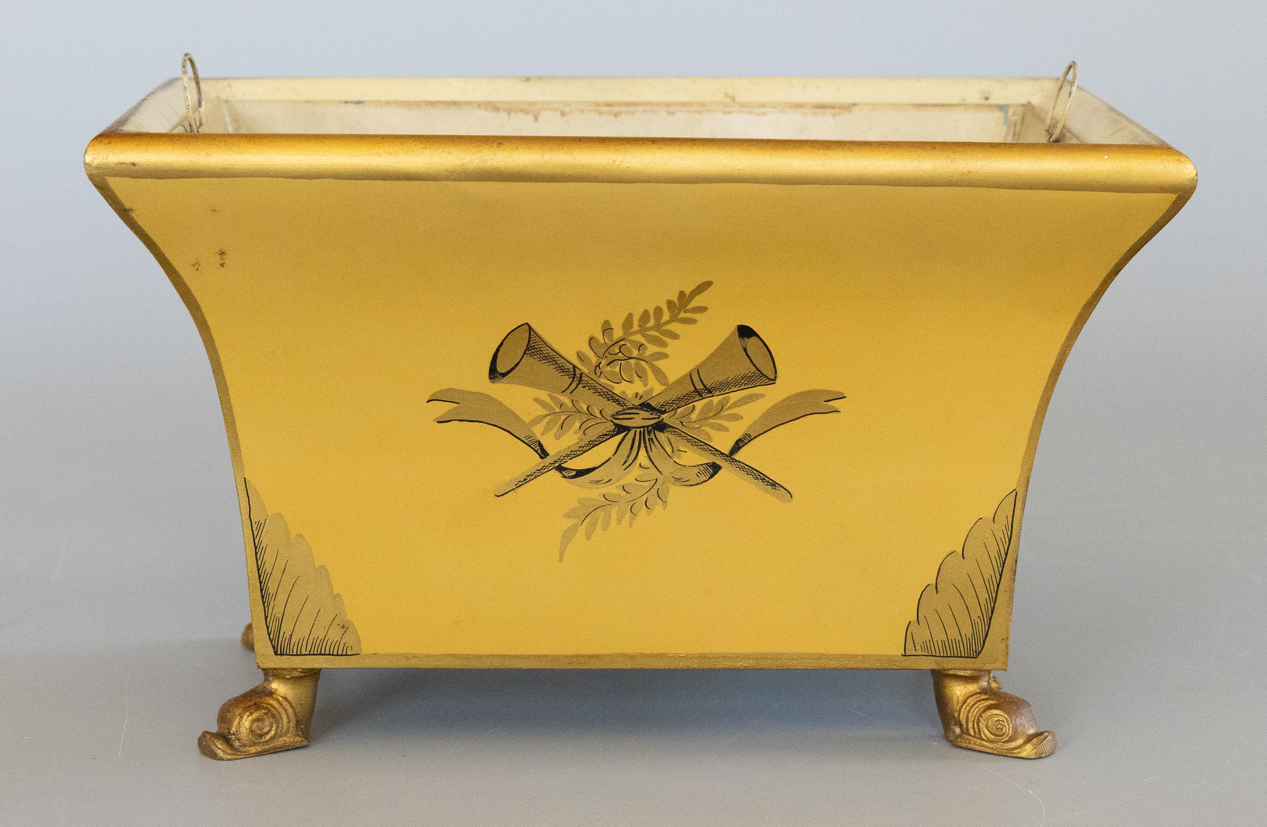 Neoclassical Early 20th Century French Mustard Yellow Tole Footed Jardiniere Cachepot For Sale