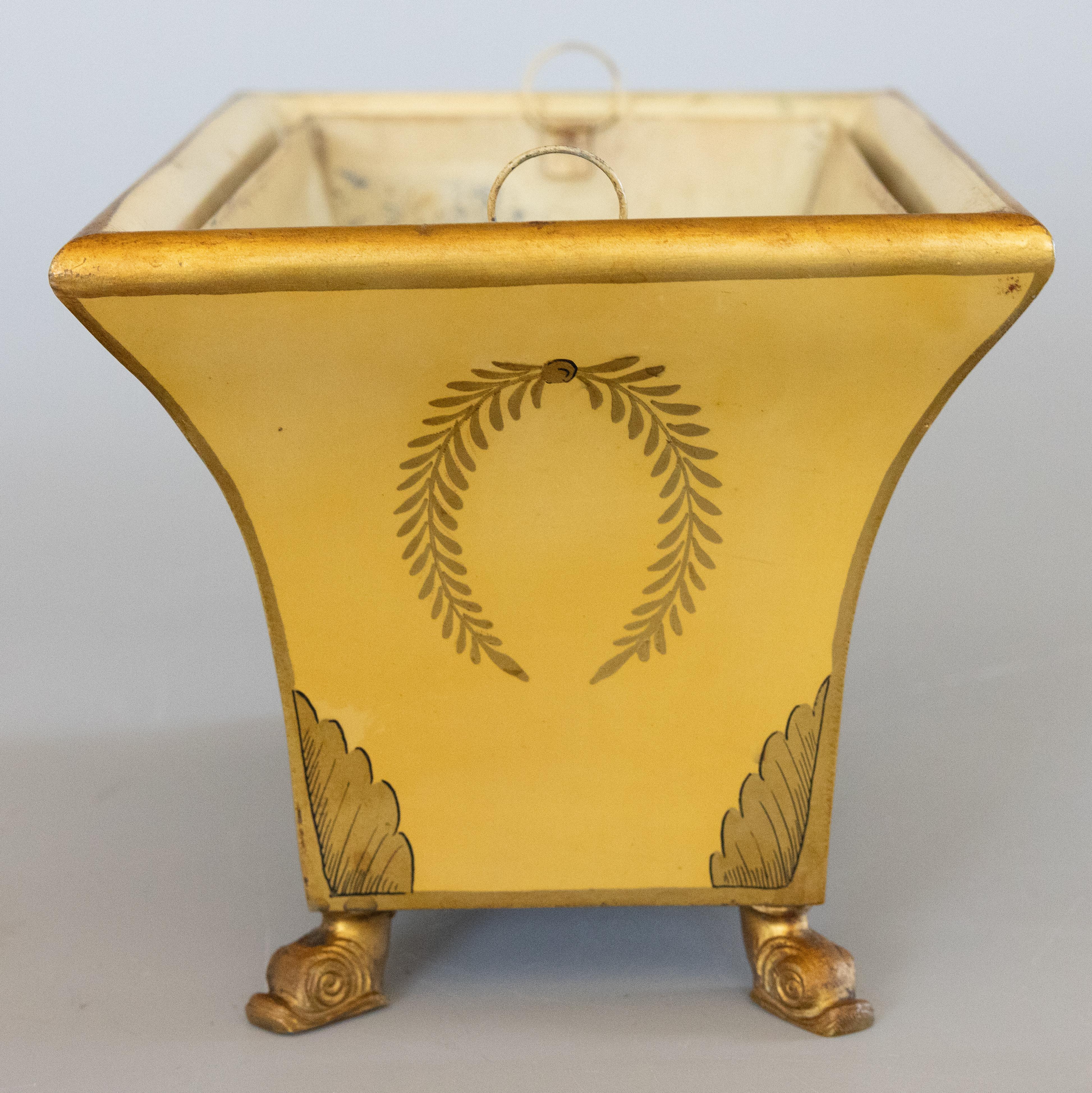 Hand-Painted Early 20th Century French Mustard Yellow Tole Footed Jardiniere Cachepot For Sale
