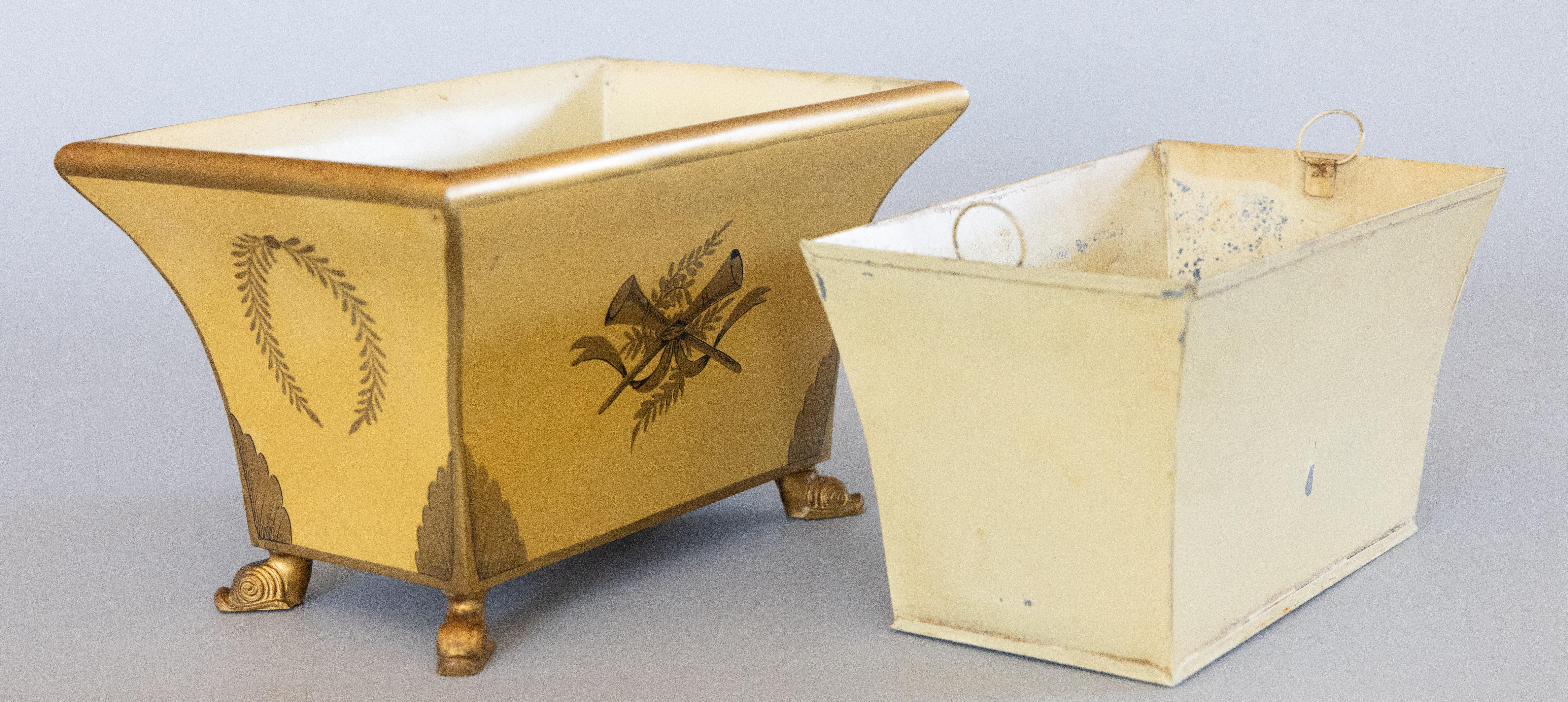Tôle Early 20th Century French Mustard Yellow Tole Footed Jardiniere Cachepot For Sale