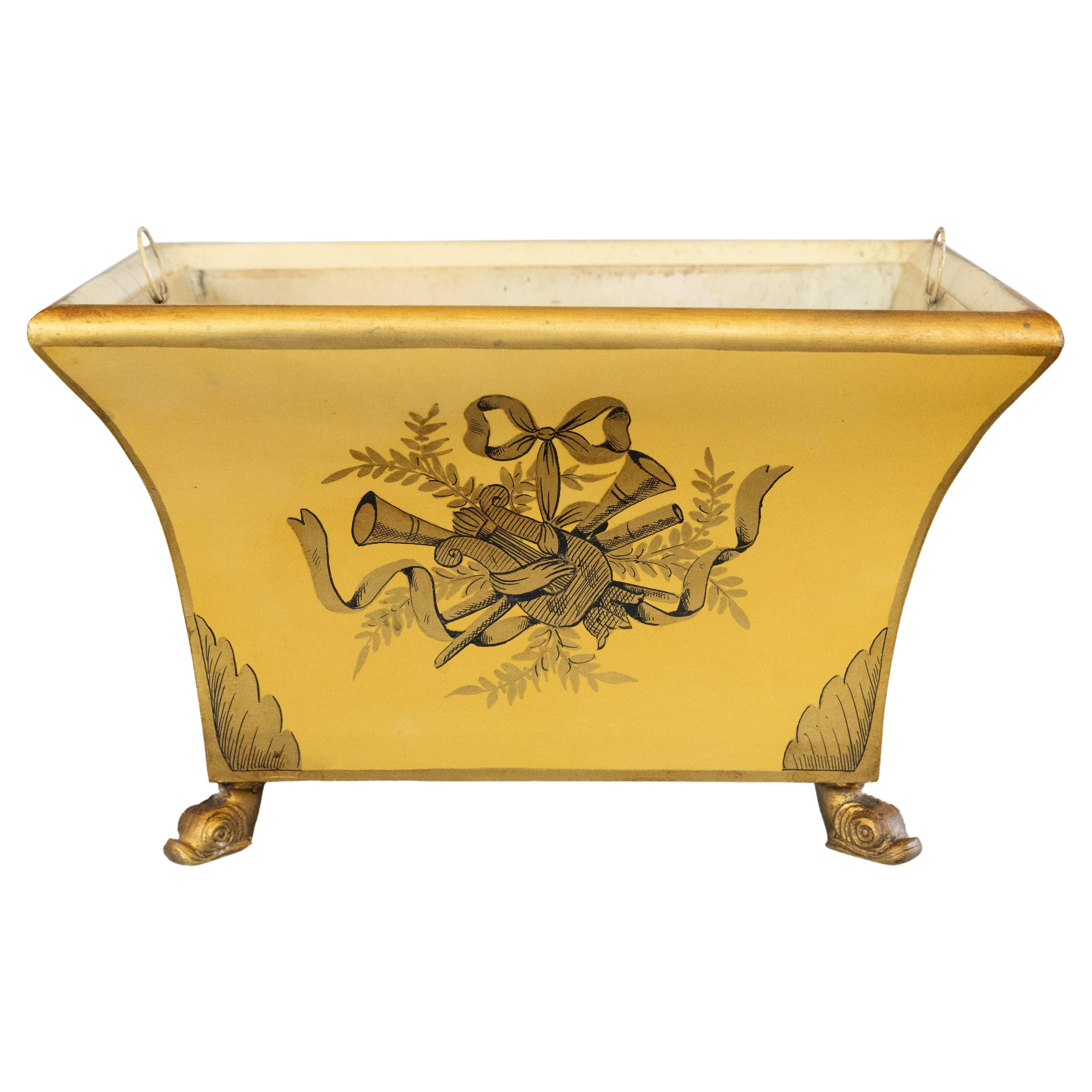 Early 20th Century French Mustard Yellow Tole Footed Jardiniere Cachepot For Sale