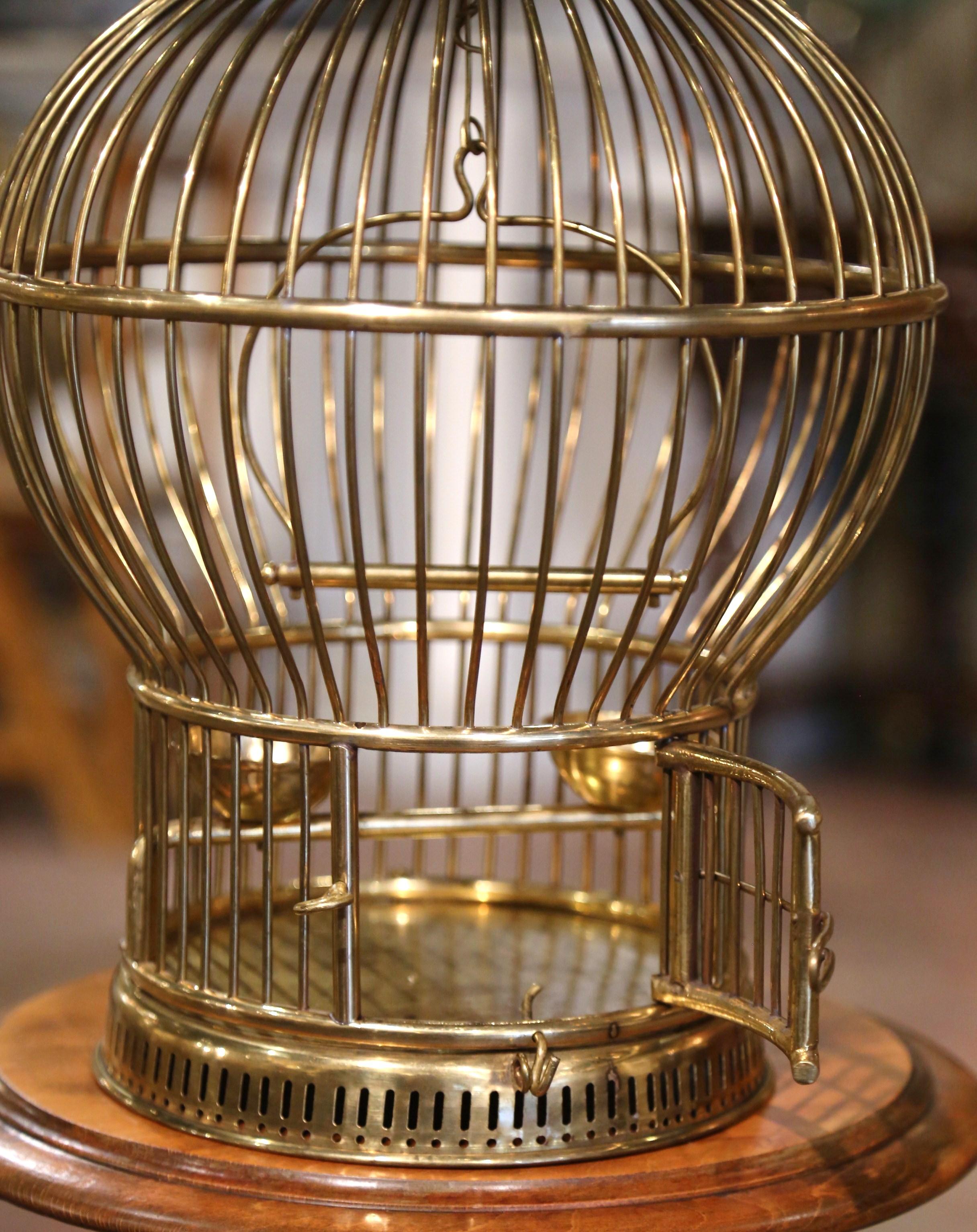 Patinated Early 20th Century French Napoleon III Brass Wire Birdcage with Dome Top
