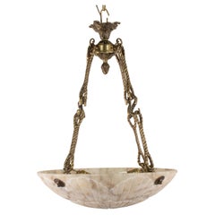 Antique Early 20th Century French Neoclassical Alabaster and Bronze Pendant Chandelier