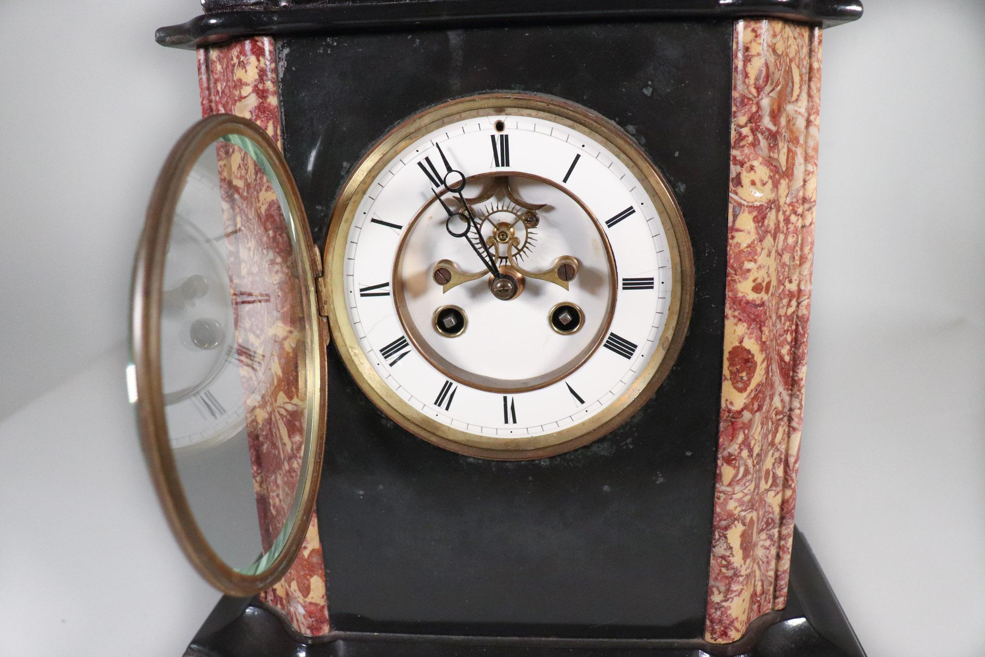 Early 20th Century French Neoclassical Black Slate and Marble Mantel Clock For Sale 5