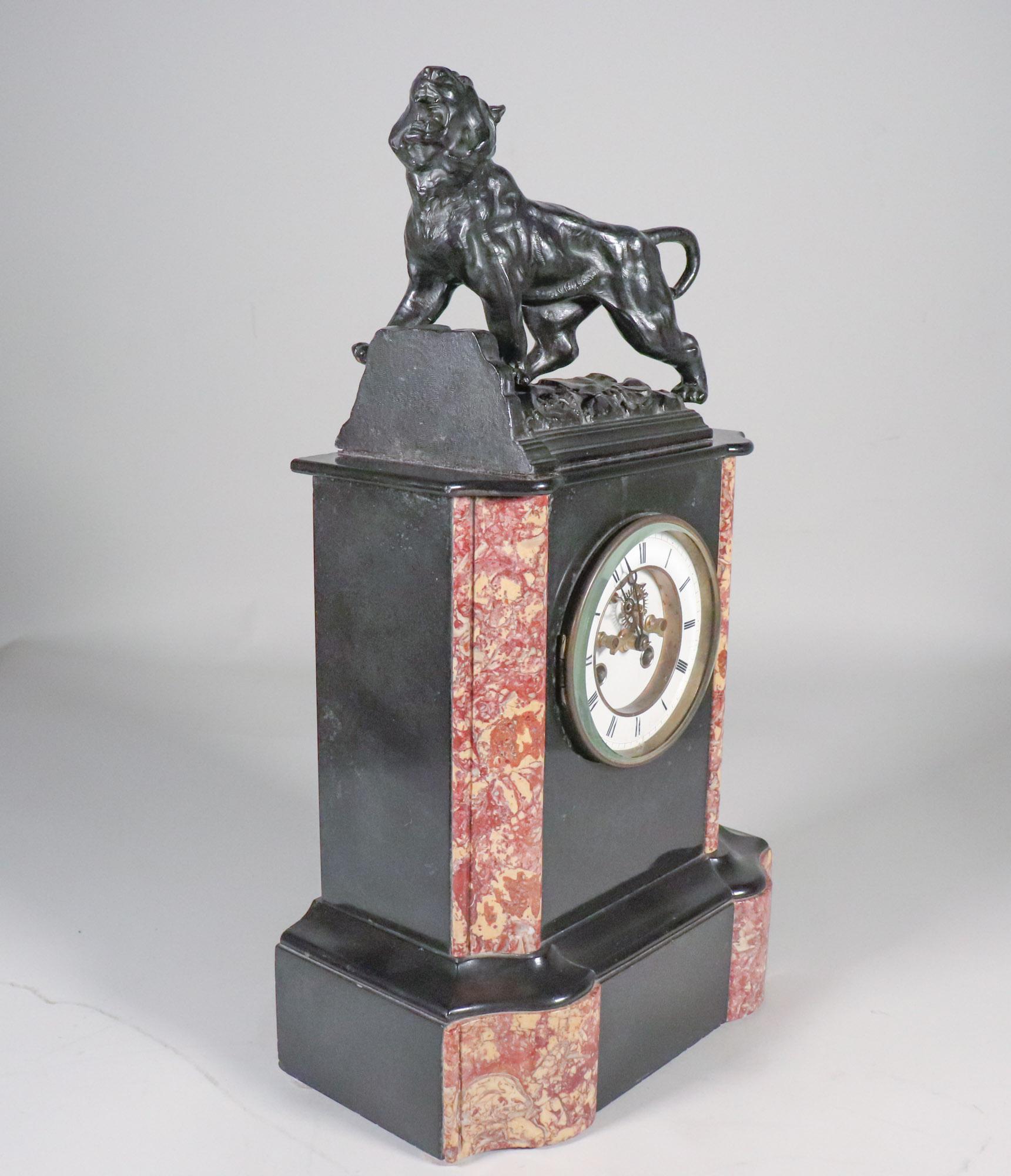 Hand-Crafted Early 20th Century French Neoclassical Black Slate and Marble Mantel Clock For Sale