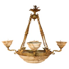 Early 20th-Century French Neoclassical Gilt Bronze and Alabaster Chandelier