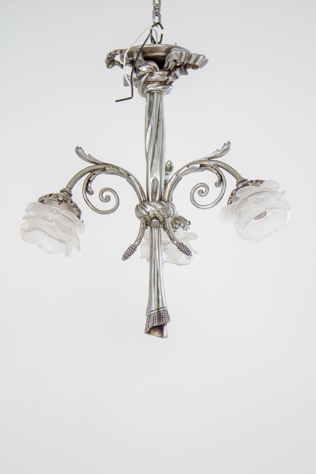 Early 20th Century French Nickel Rose Petal Three Light Chandelier In Good Condition In Canton, MA