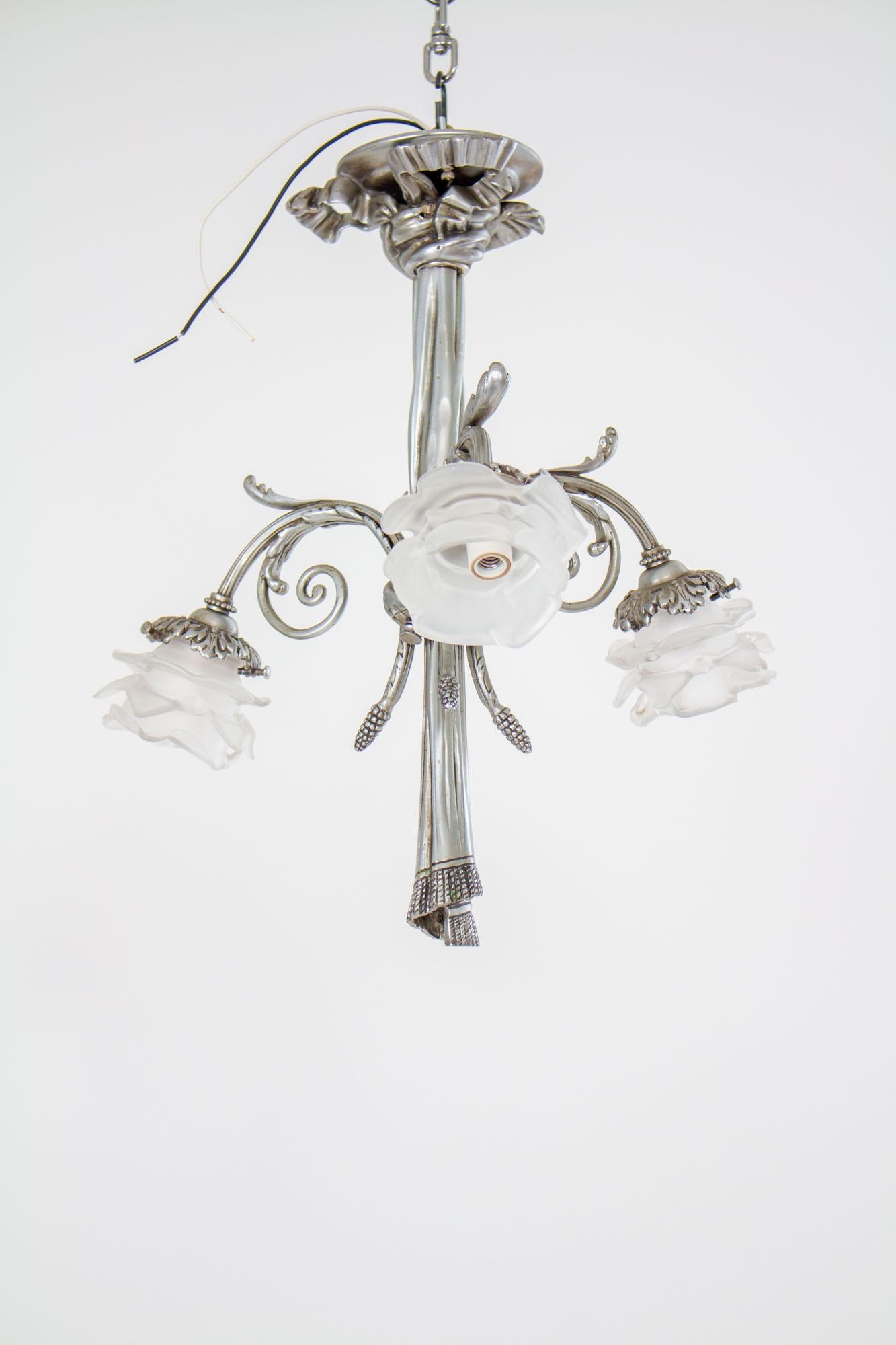 Glass Early 20th Century French Nickel Rose Petal Three Light Chandelier