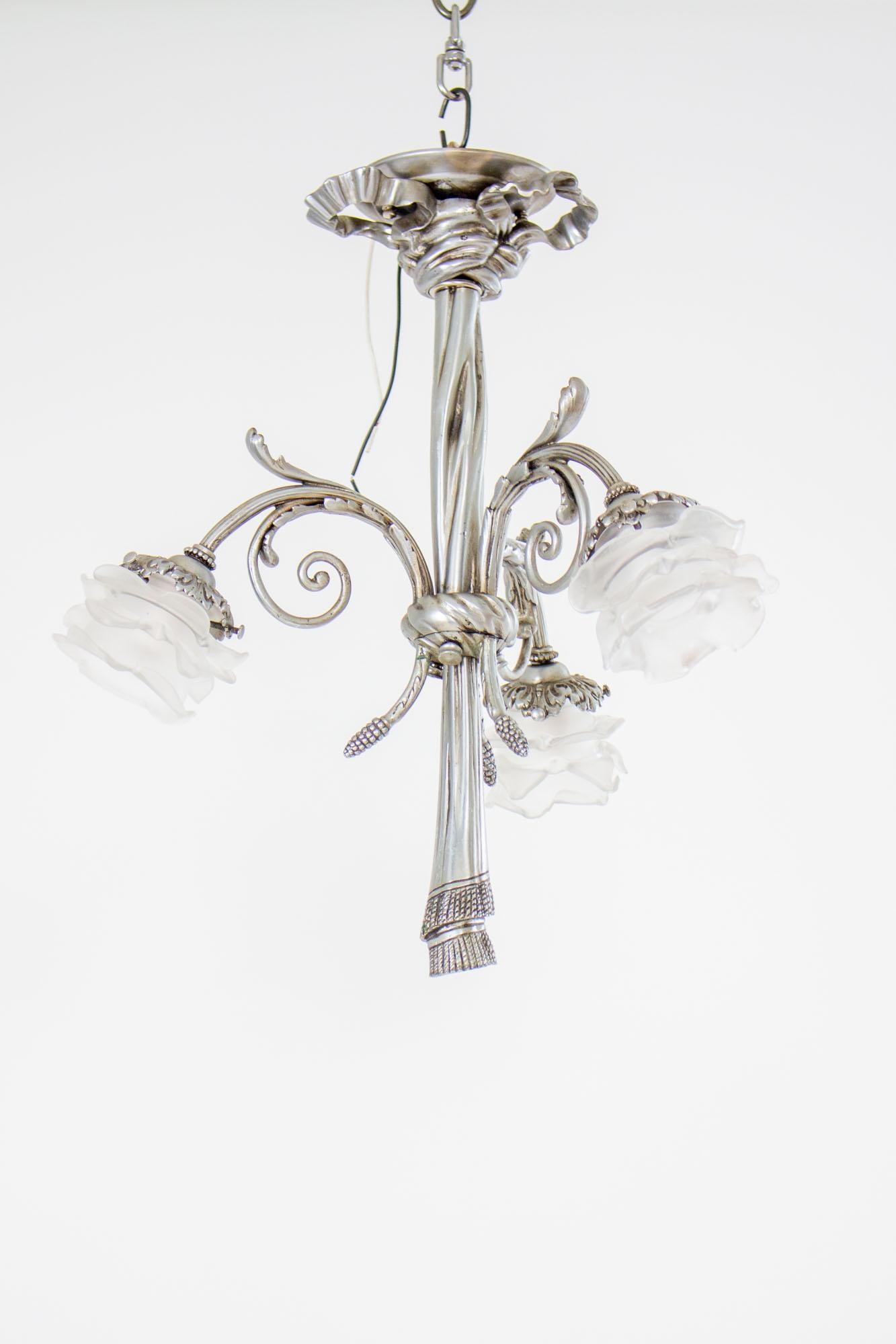 Early 20th Century French Nickel Rose Petal Three Light Chandelier 1