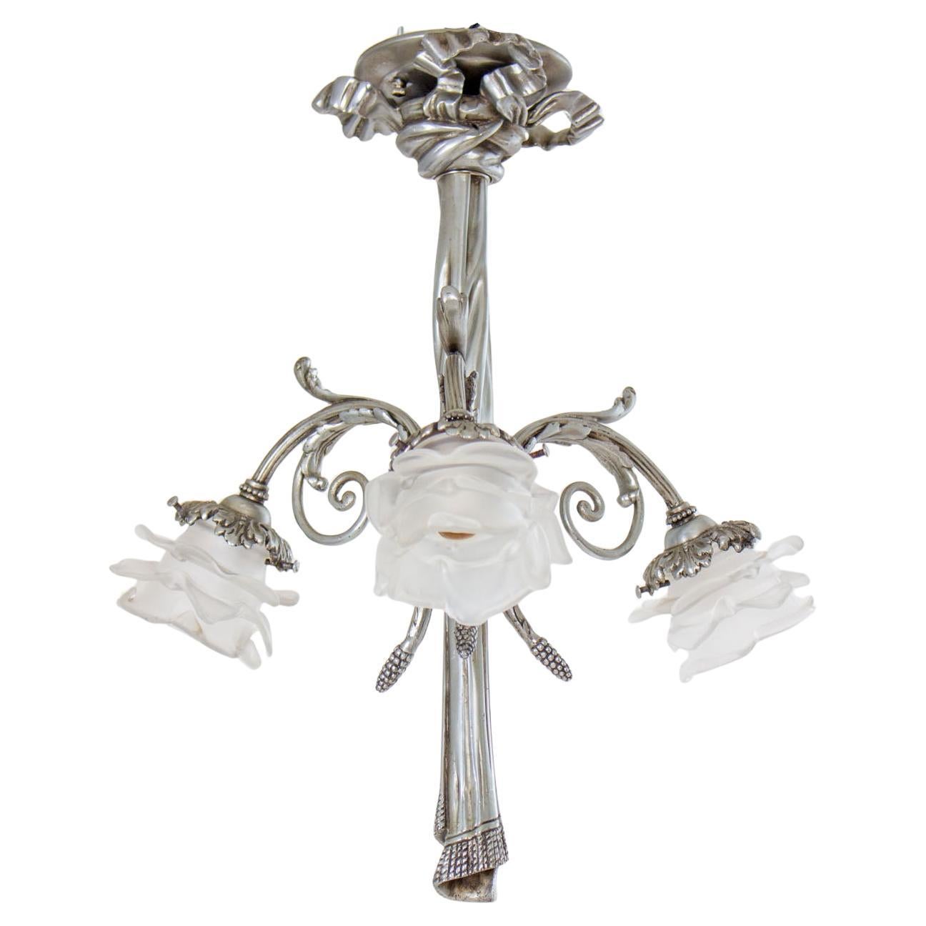 Early 20th Century French Nickel Rose Petal Three Light Chandelier