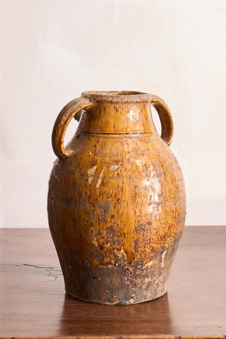 Pottery Early 20th century French nut oil jar- Brown glaze For Sale