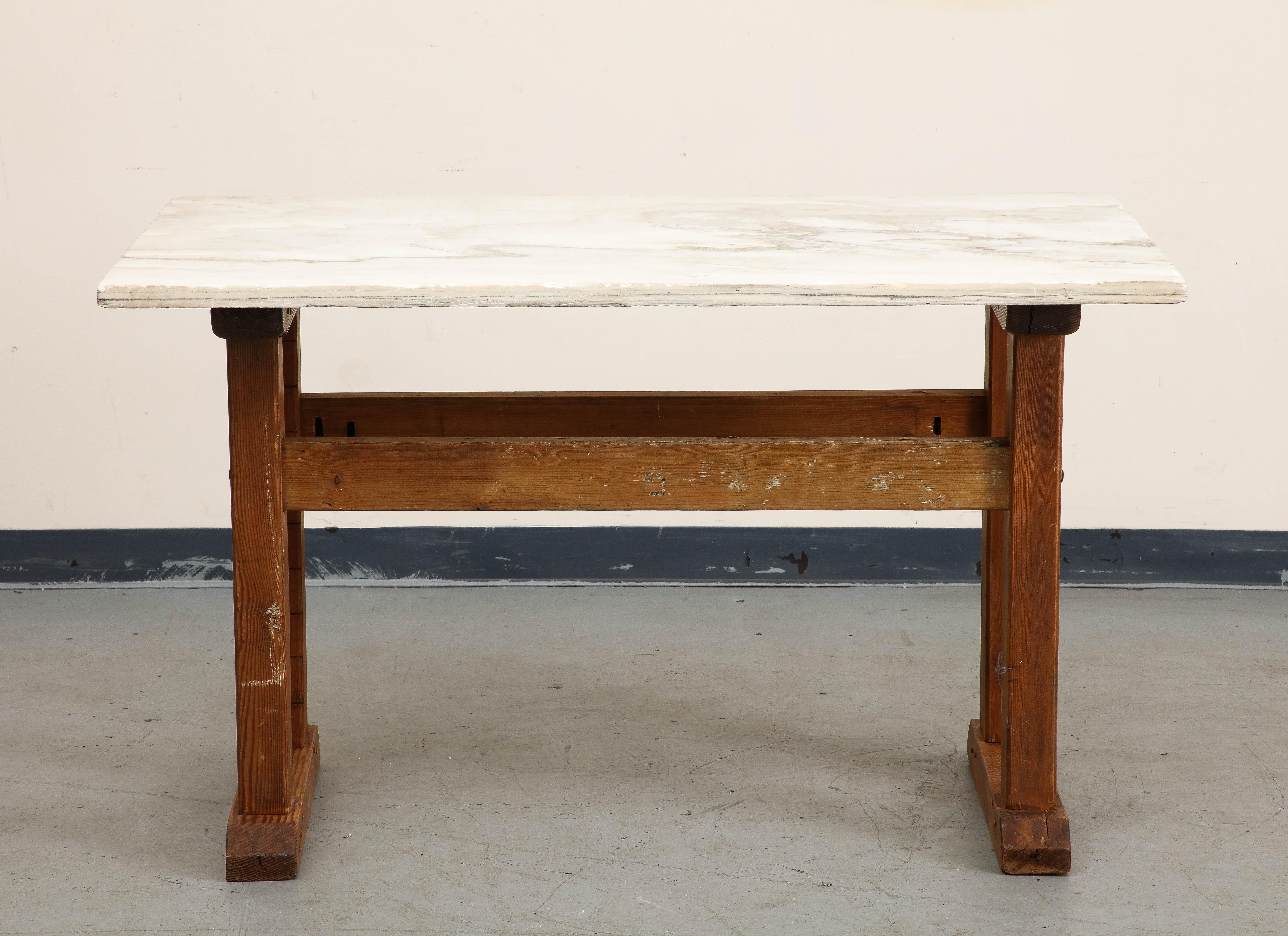 Rustic Early 20th Century French Oak Hall Table / Console with White Marble Top