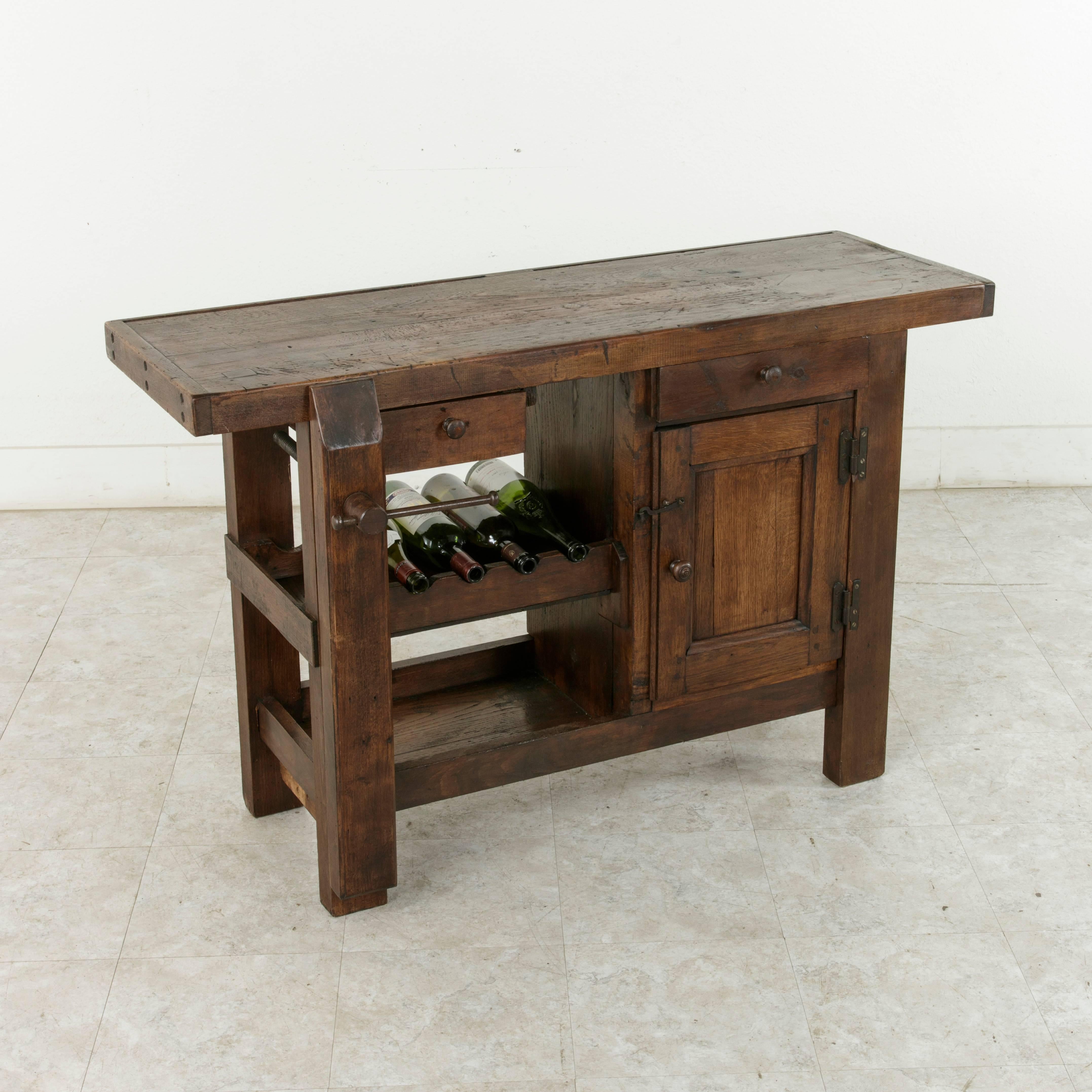 Early 20th Century French Oak Work Bench, Console Table, Sofa Table, Dry Bar In Excellent Condition In Fayetteville, AR