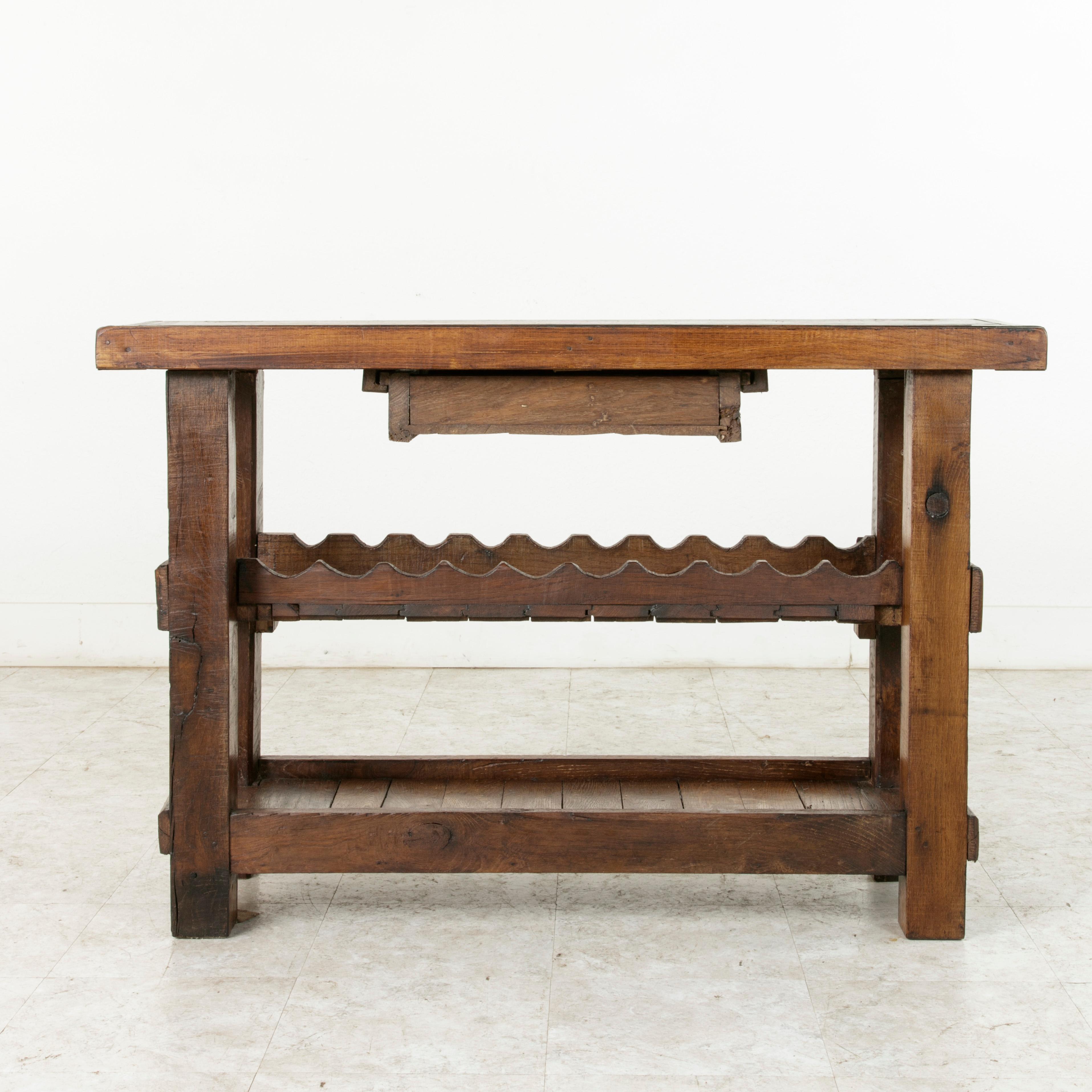 Early 20th Century French Oak Workbench, Console, or Sofa Table with Wine Rack In Good Condition In Fayetteville, AR
