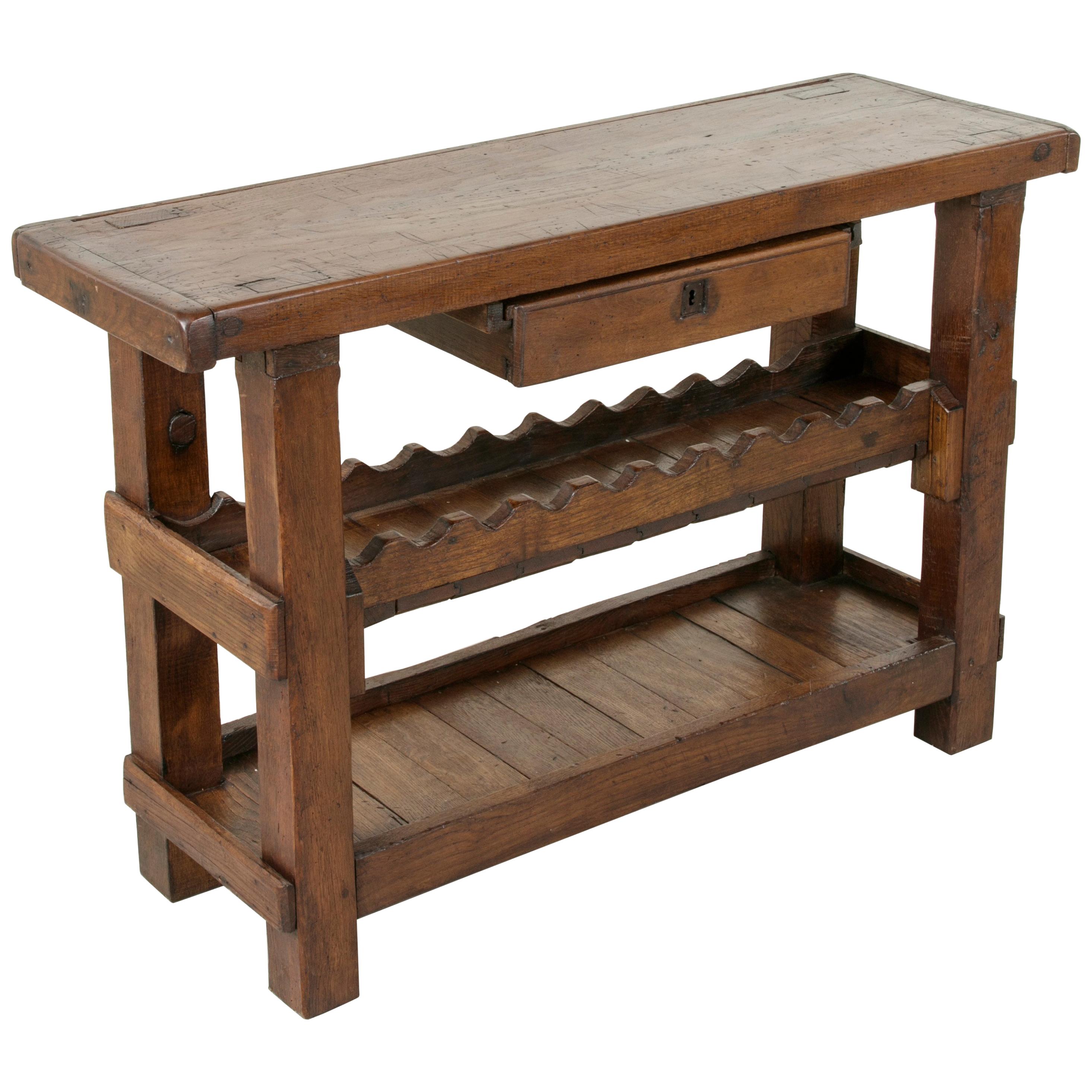 Early 20th Century French Oak Workbench, Console, or Sofa Table with Wine Rack