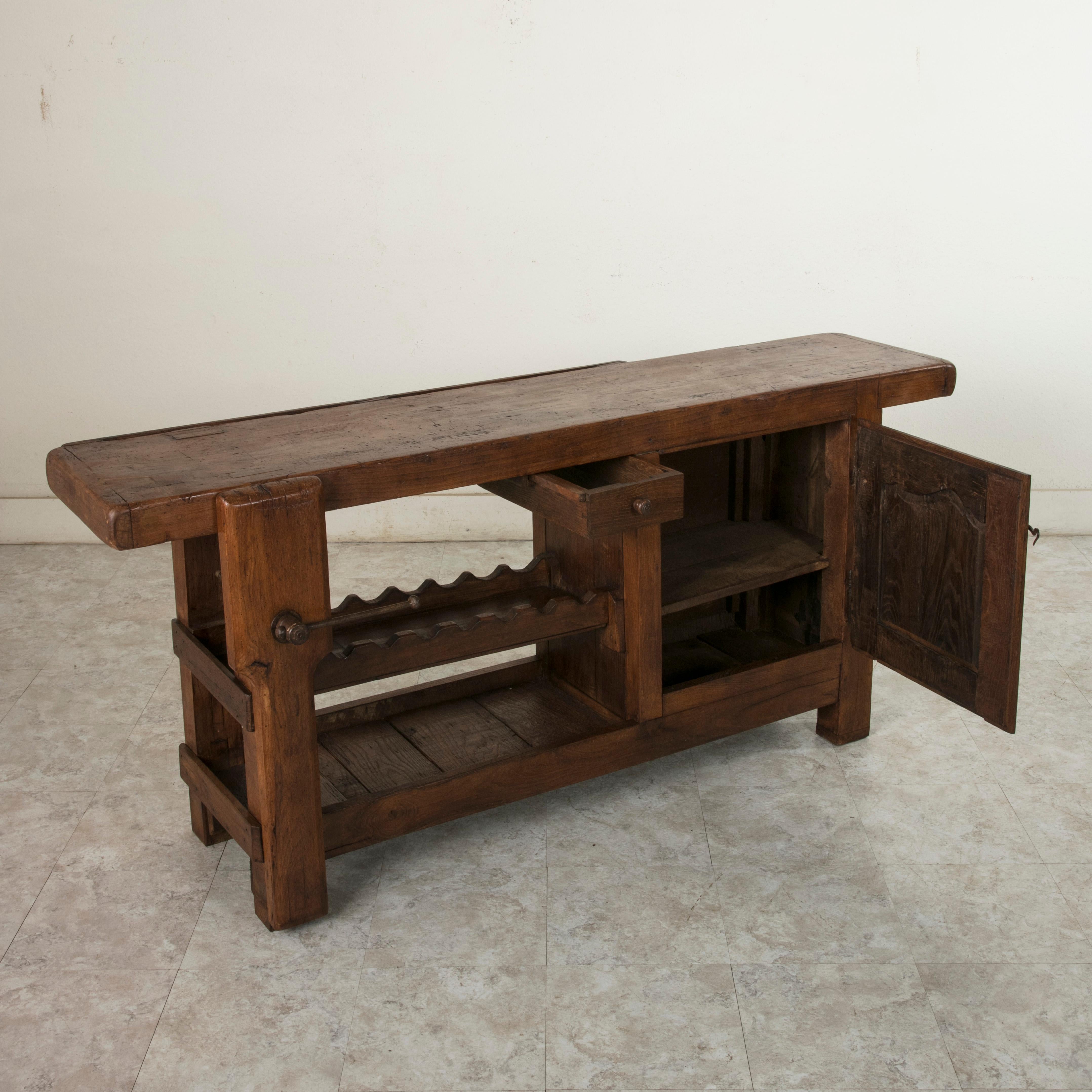 Early 20th Century French Oak Workbench, Console, Sofa Table, Vise and Wine Rack 3