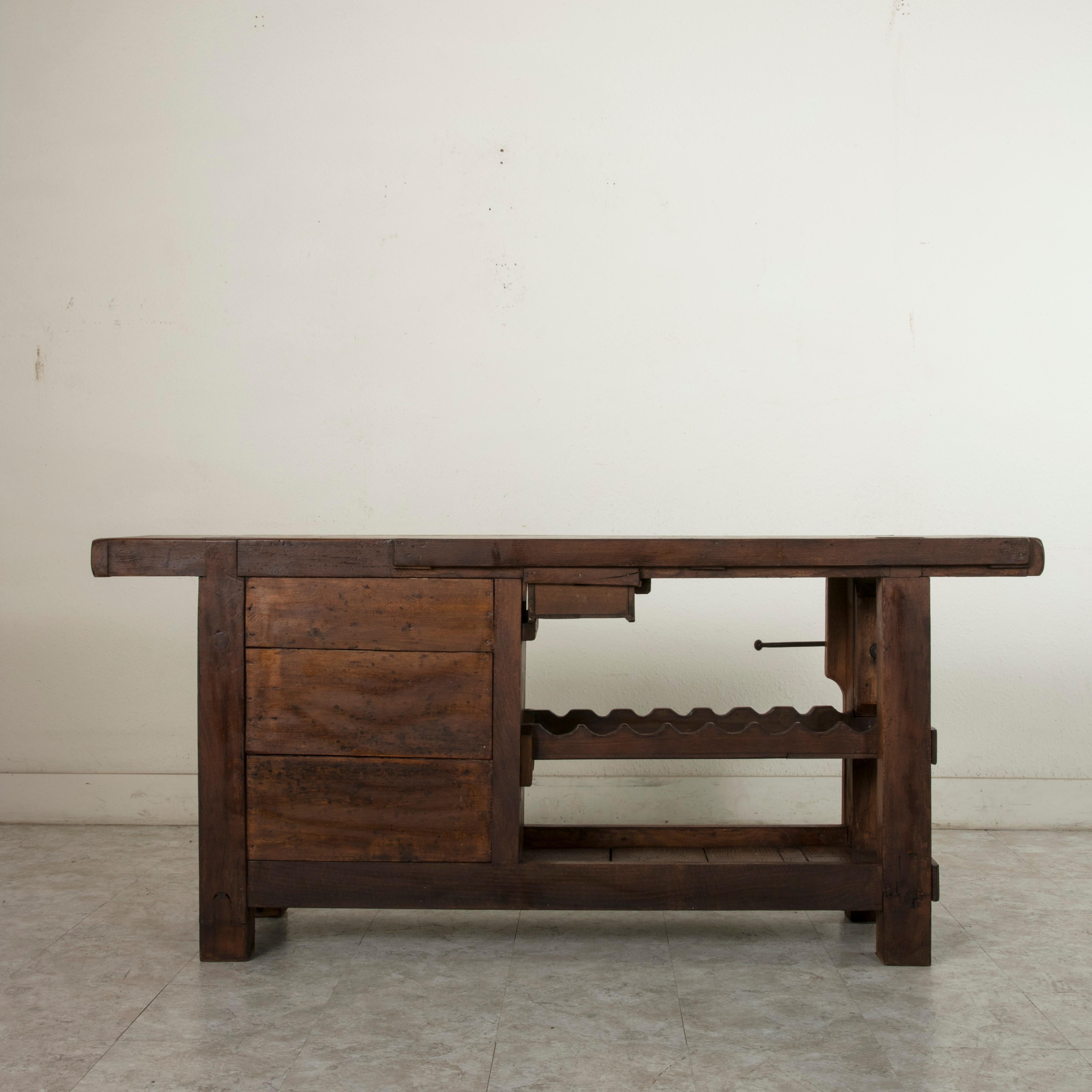 Rustic Early 20th Century French Oak Workbench, Console, Sofa Table, Vise and Wine Rack