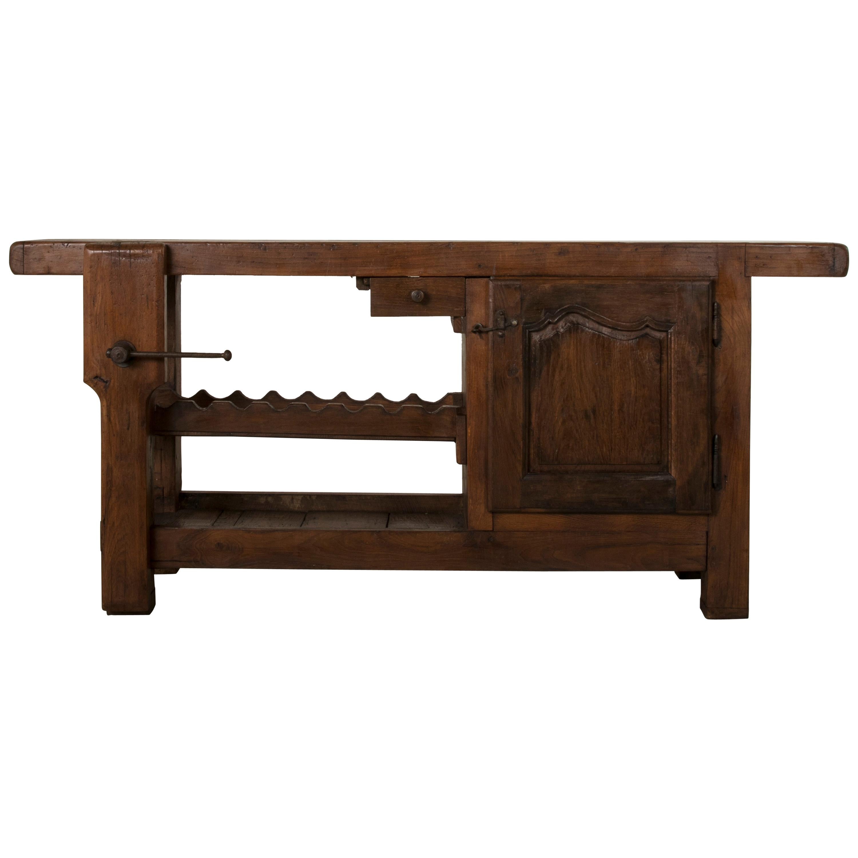 Early 20th Century French Oak Workbench, Console, Sofa Table, Vise and Wine Rack