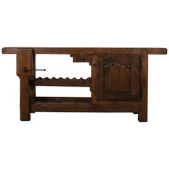Used Early 20th Century French Oak Workbench, Console, Sofa Table, Vise and Wine Rack