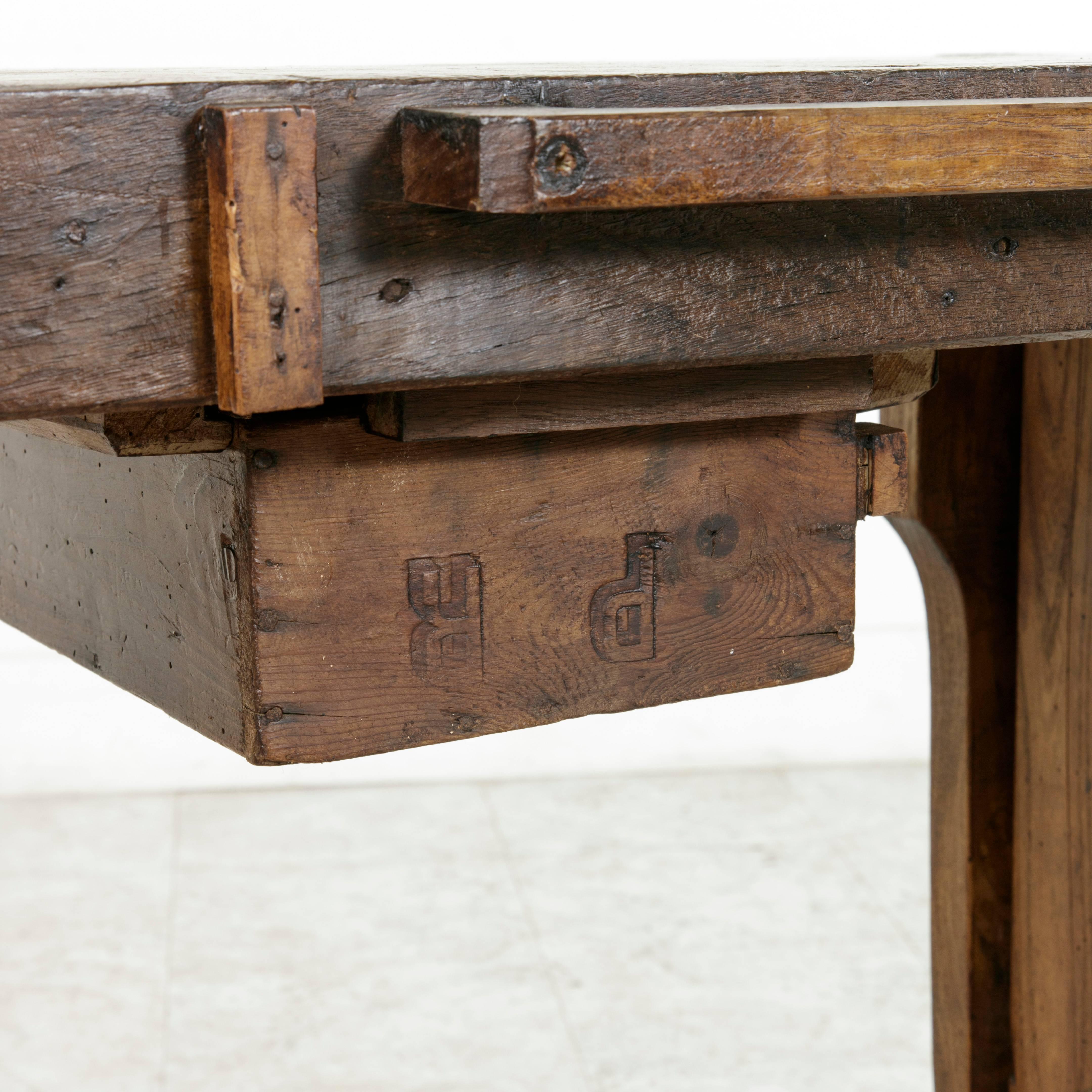 Early 20th Century French Oak Workbench, Sofa Table with Single Drawer and Vice 7