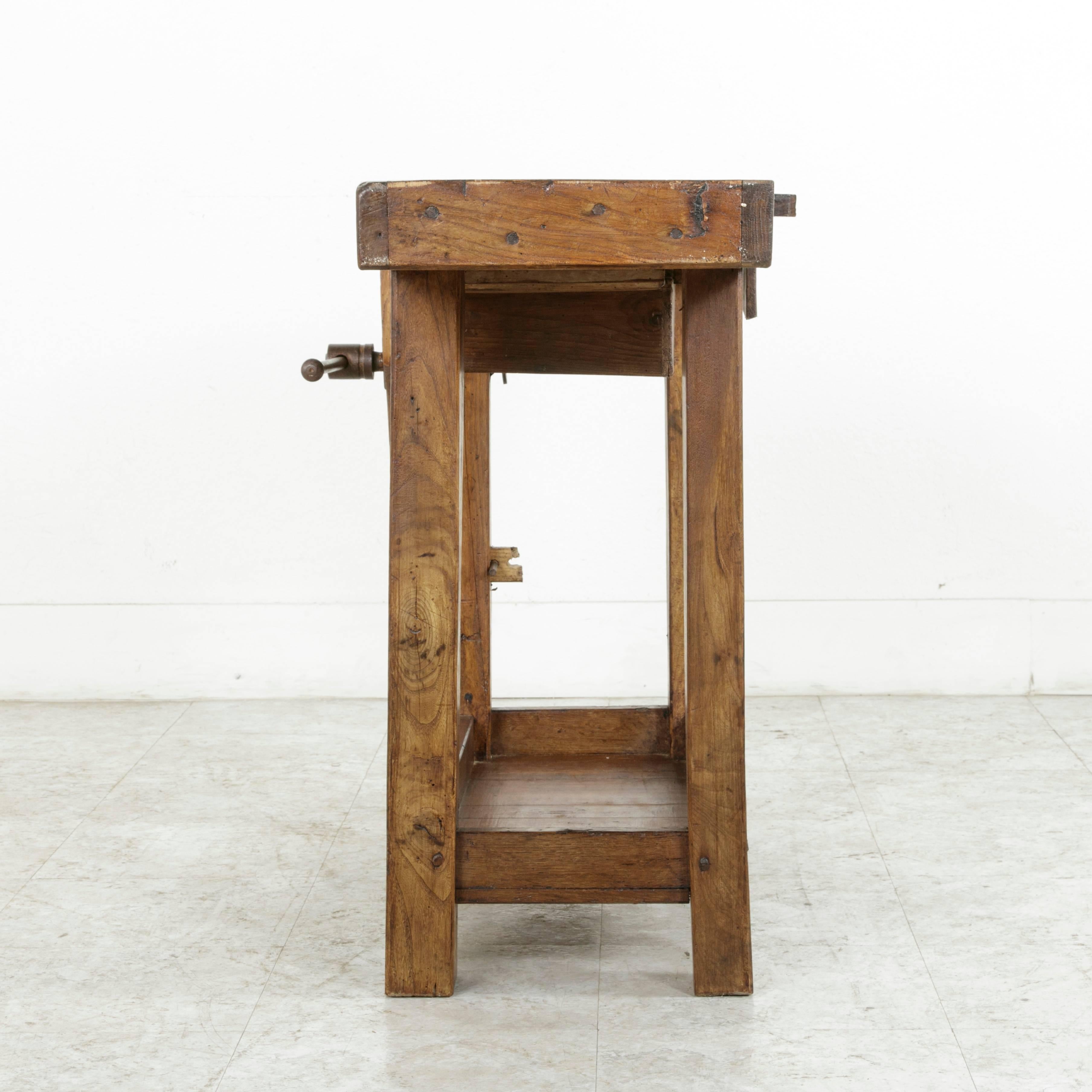 Early 20th Century French Oak Workbench, Sofa Table with Single Drawer and Vice 1