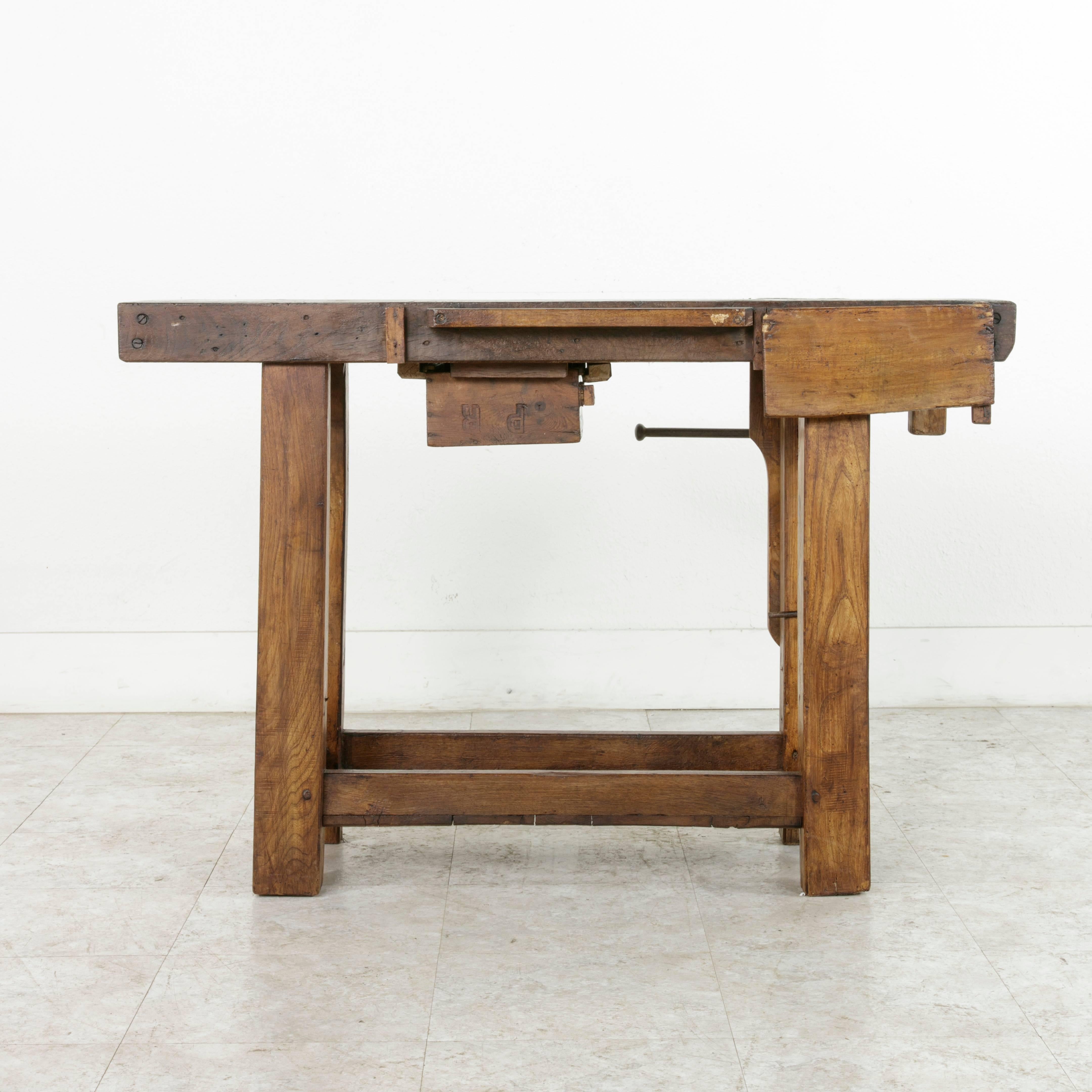Early 20th Century French Oak Workbench, Sofa Table with Single Drawer and Vice 2