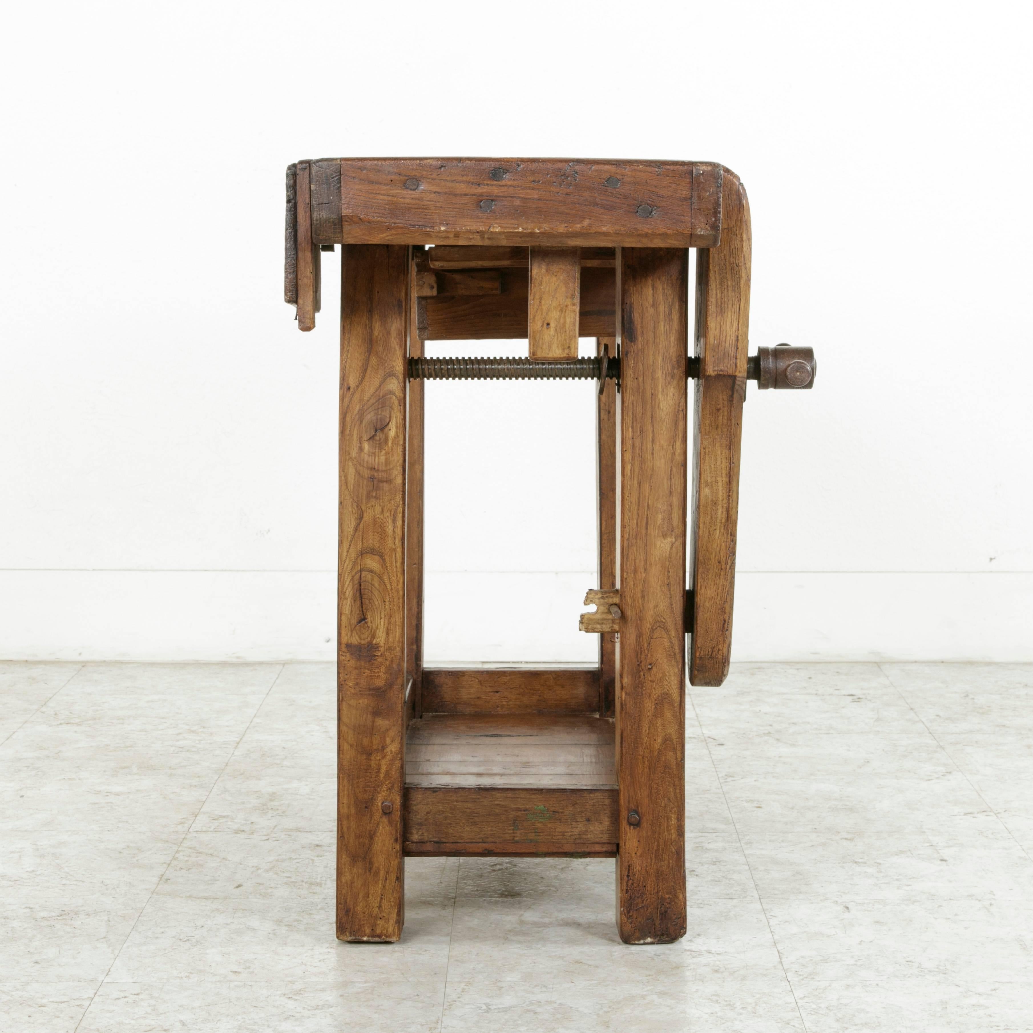 Early 20th Century French Oak Workbench, Sofa Table with Single Drawer and Vice 3