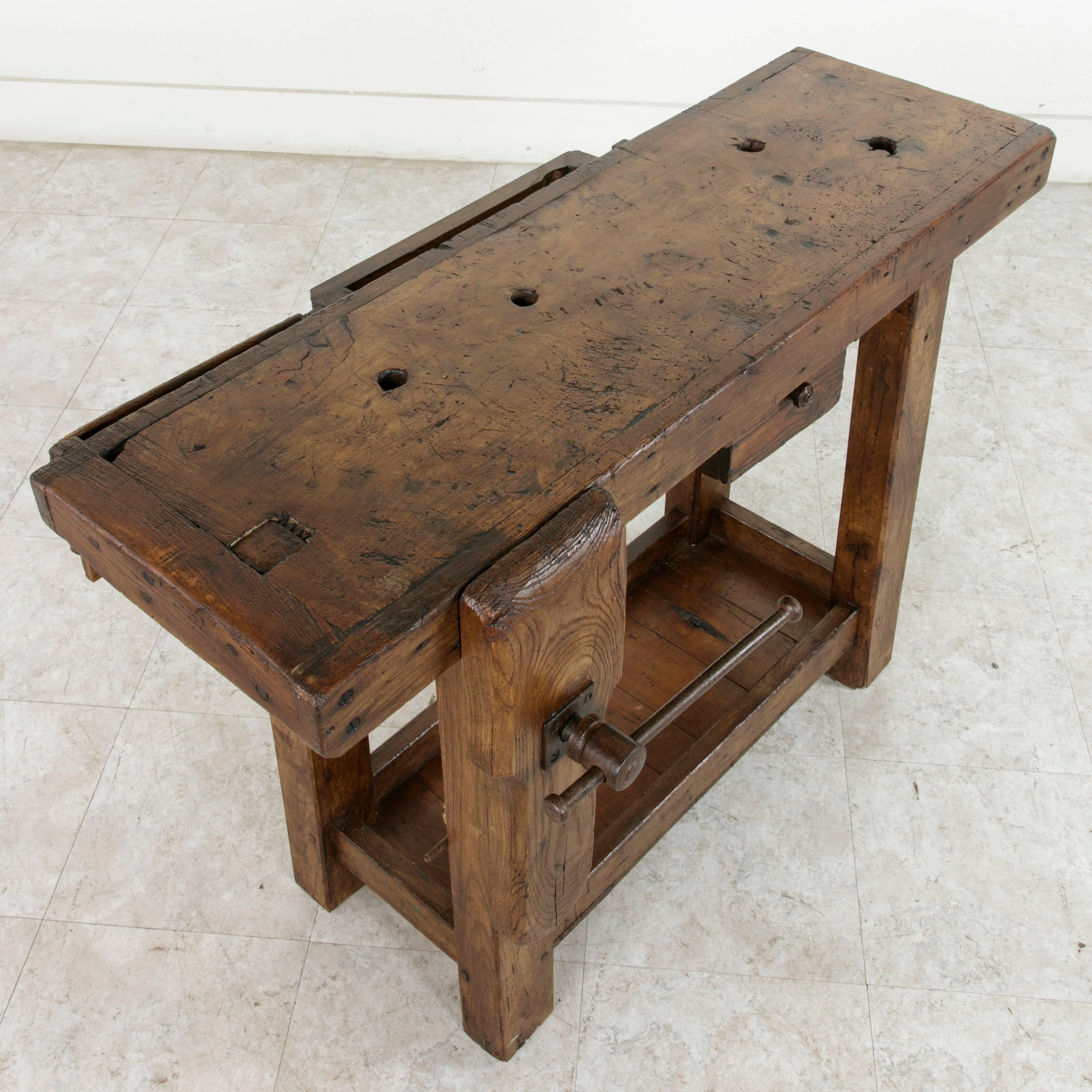 Early 20th Century French Oak Workbench, Sofa Table with Single Drawer and Vice 4