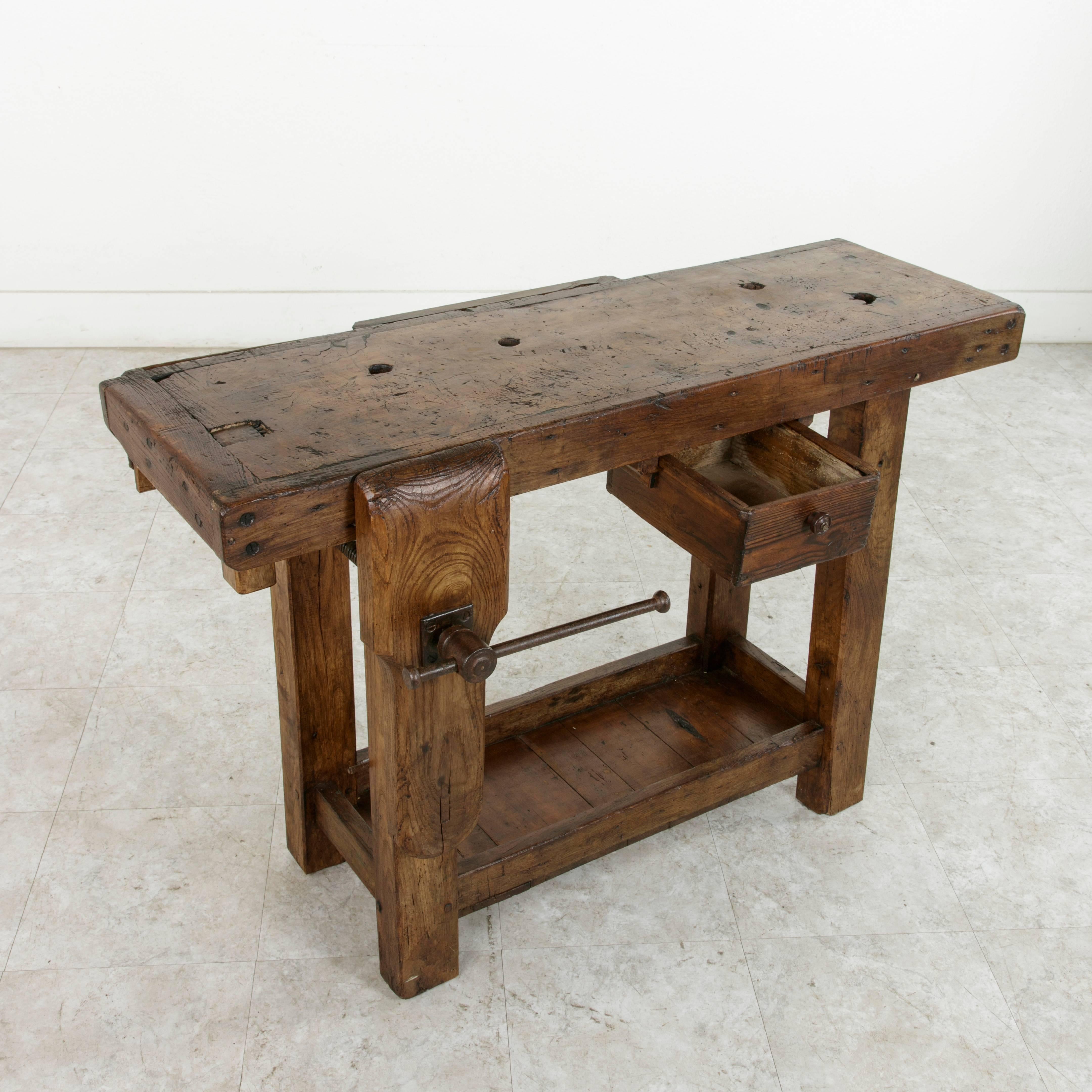 Early 20th Century French Oak Workbench, Sofa Table with Single Drawer and Vice 5