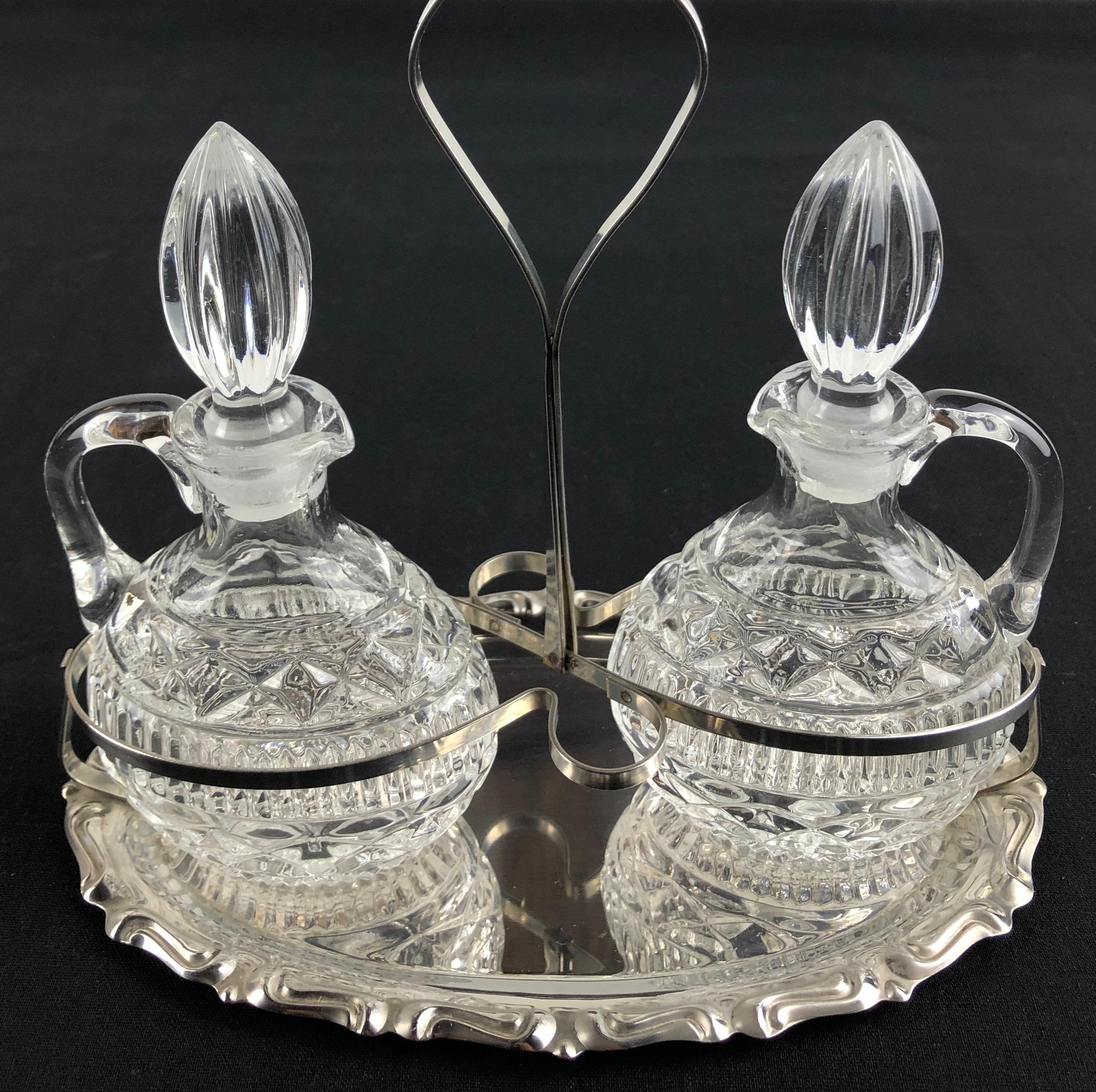 Art Deco Early 20th Century French Oil and Vinegar Glass Cruet Set, Silver Plated Mount