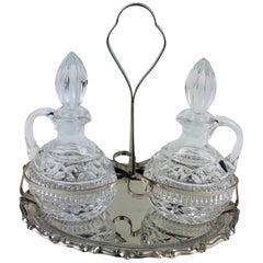 Antique Early 20th Century French Oil and Vinegar Glass Cruet Set, Silver Plated Mount