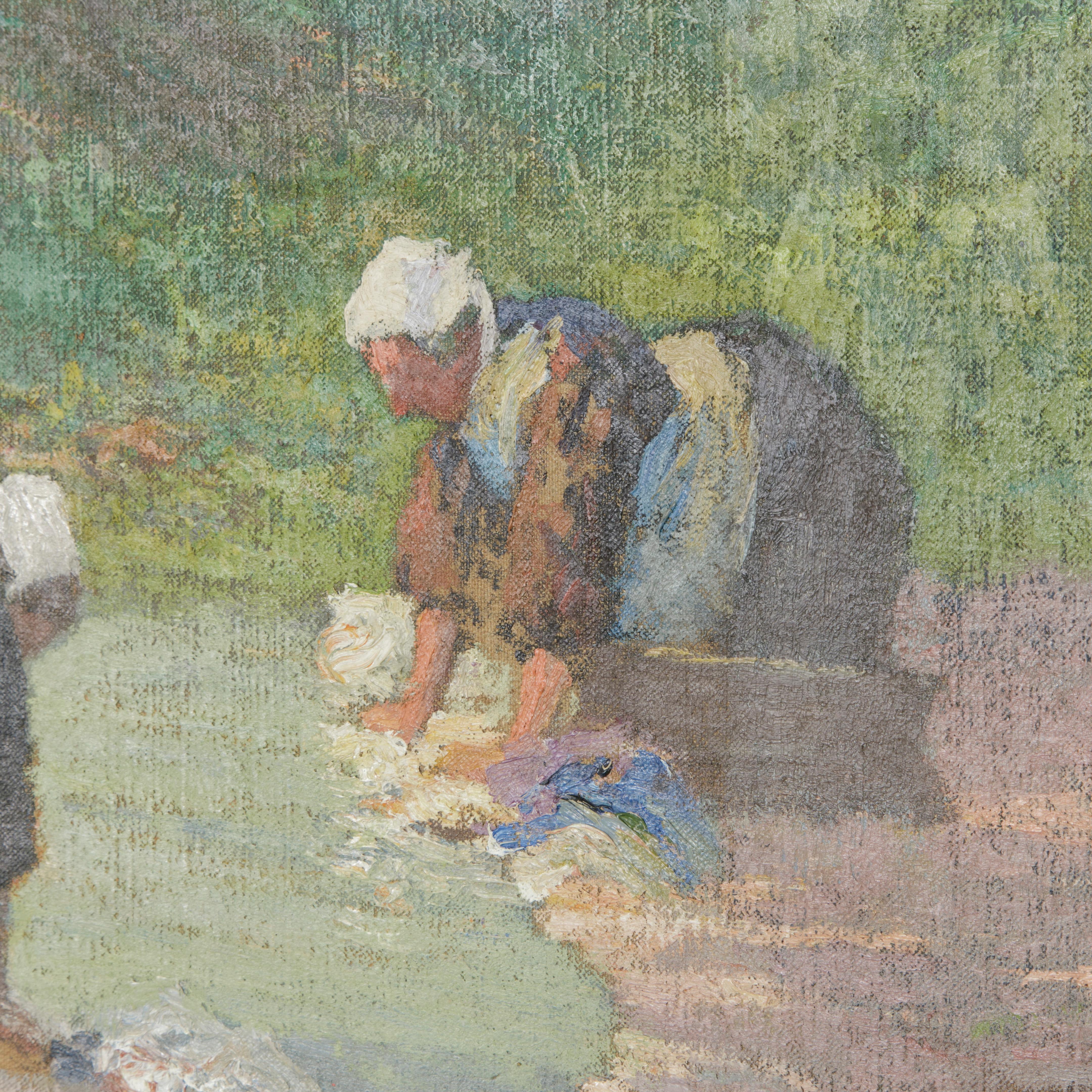 Französisches Ölgemälde auf Leinwand des frühen 20. Jahrhunderts mit Launenschmuck in vergoldetem Holzrahmen im Angebot 4