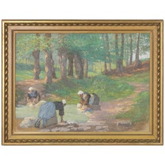 Huile sur toile française du début du XXe siècle représentant des coiffeuses, dans un cadre en bois doré